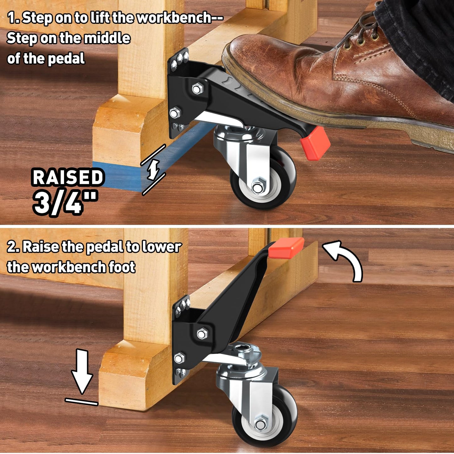 SPACEKEEPER Workbench Casters kit 660 Lbs - Retractable Casters Heavy Duty Bench Caster Wheels Designed for Workbenches Machinery & Tables, 4 Pack