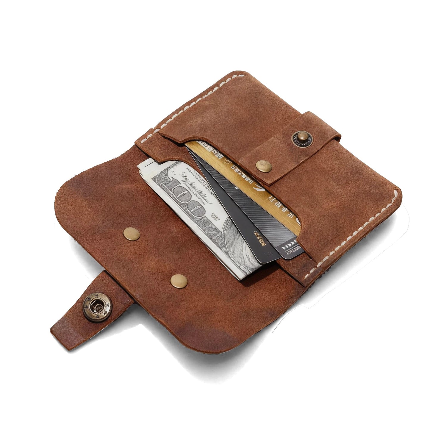JingRongDa Handmade Vintage Cowhide Leather Card Holder Wallet, Retro Brown Leather Card Case with Snap Closur (Light brown)