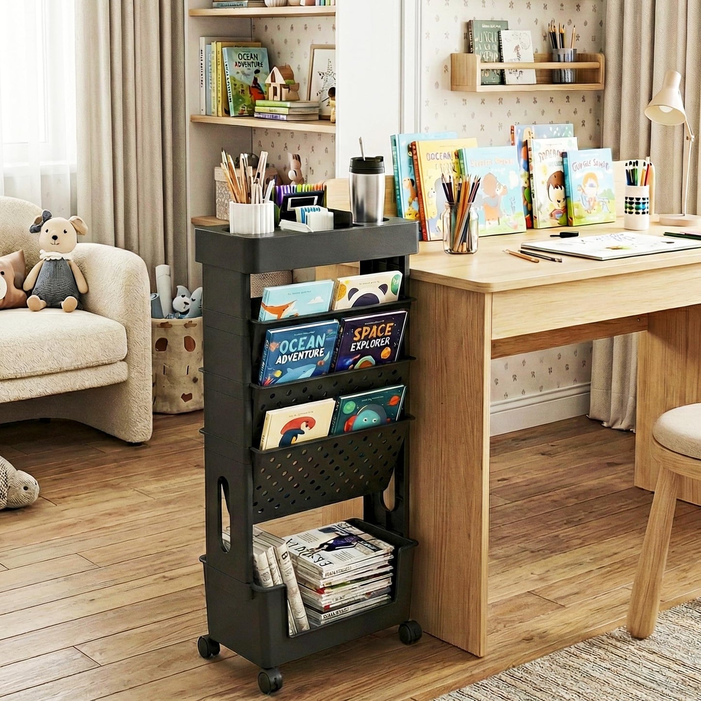 yeavs 5-Tier Mobile Bookshelf, Rolling Bookcase Book Storage Rack, Movable File Folder Organizer Cart with Wheels for Home Study Office Living Room Classroom, Black