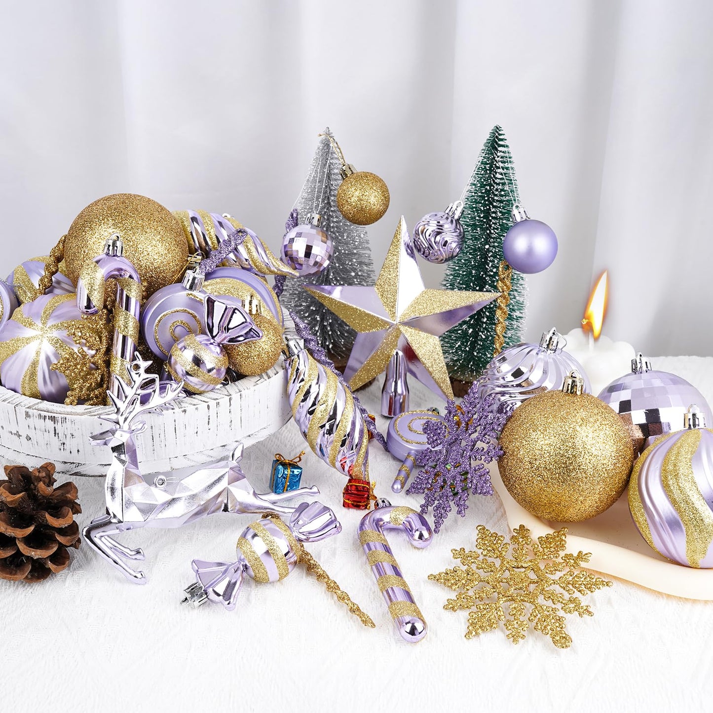 70PCS Christmas Balls Ornaments Set, Shatterproof Xmas Tree Decorations Kit with Balls, Snowflakes, Candy Canes, Star Topper, Reindeer & Hanging Baubles for Holiday Party Decor (Purple & Gold)