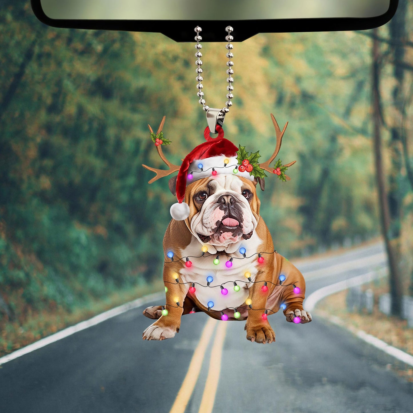 Talataca English Bulldog 2D Flat Christmas Ornament, Bulldog Inglés Christmas Hat Reindeer String Light Pine Tree Decor, Hanging House Charm Eve Keepsake, Car Rear View Mirror Accessories, Xmas Gift