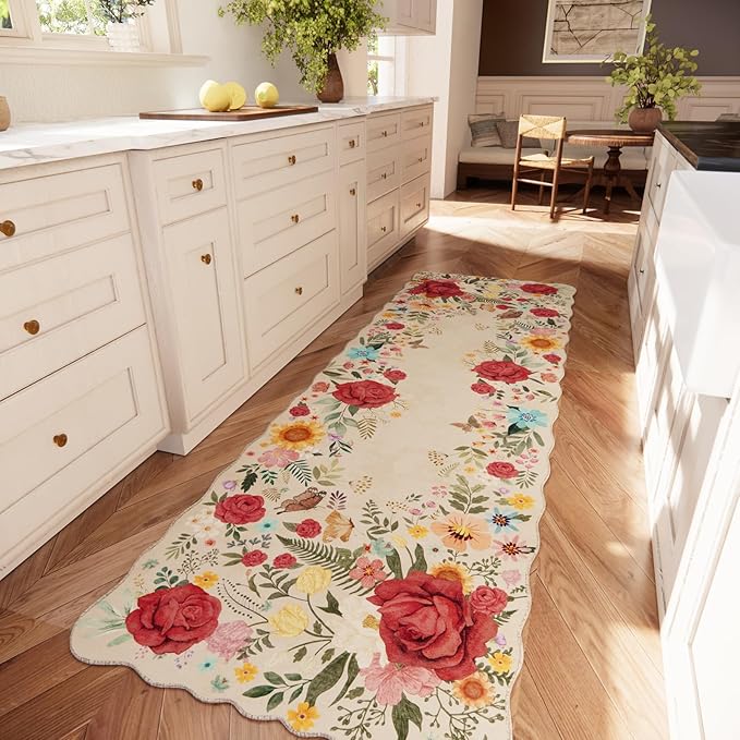 Kitchen Rug Runners for Hallways: 2'6''x8' Washable Runner Rugs for Kitchen Ultra Thin Stain Resistant Non Slip Low Pile Lightweight Vintage Floral Carpet for Laundry Room Decor (Beige)