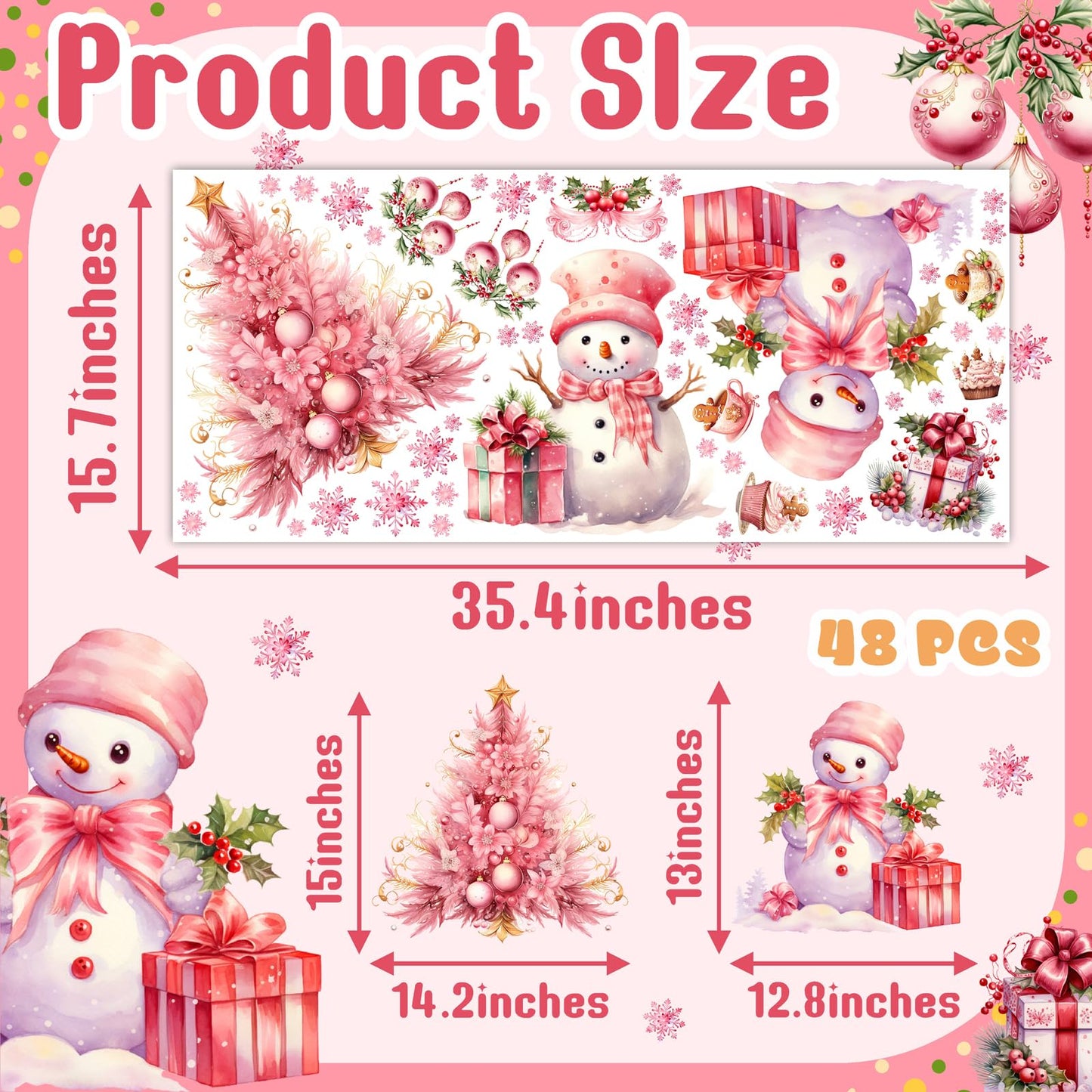 Pink Christmas Window Clings Removable Snowman Static Decals Indoor Home Decoration Double-Sided Xmas Tree Stickers for Glass Winter Pine Tree Snowflakes Cling for Living Room Holiday Party Supplies