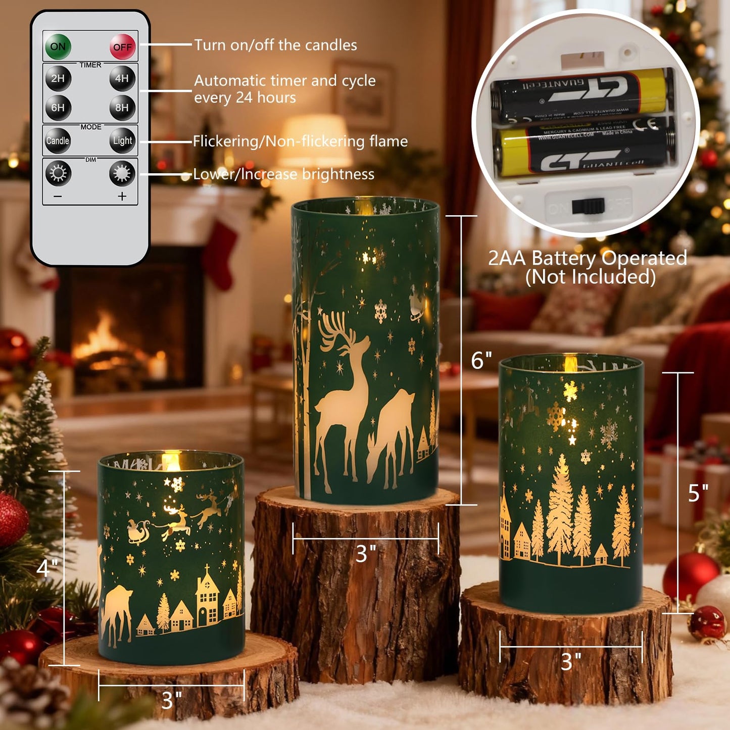 Wondise Christmas Reindeer LED Flameless Candles with Remote Timer, Electroplate Glass Battery Operated Real Wax Flickering 3D Wick Pillar Candles for Christmas Holiday Home Decoration