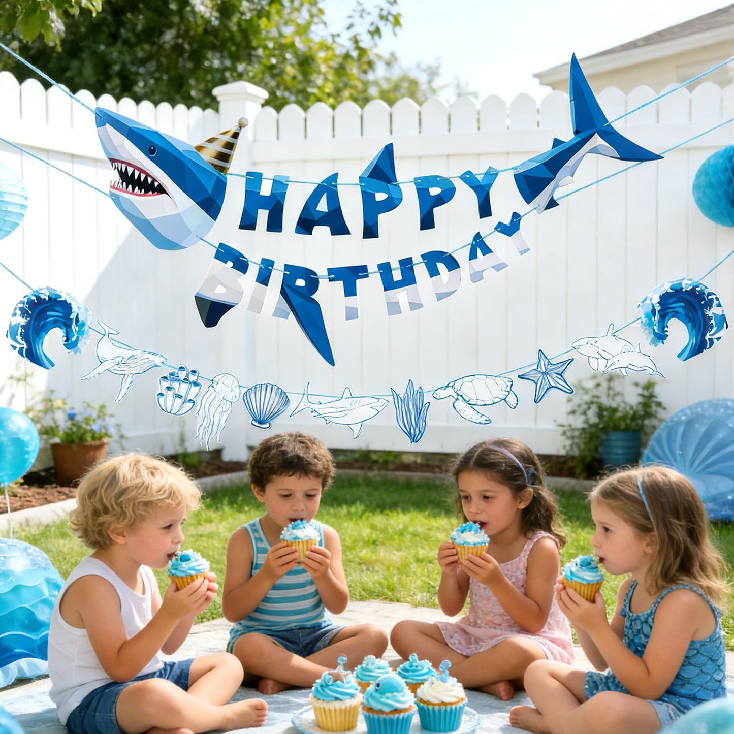 SUNBEAUTY Shark Birthday Party Decorations Shark Happy Birthday Banner Ocean Theme Hanging Shark Garland Under The Sea Pre-strung Shark Birthday Banner for Boys Baby Shower Beach Summer Pool Party（Blue）