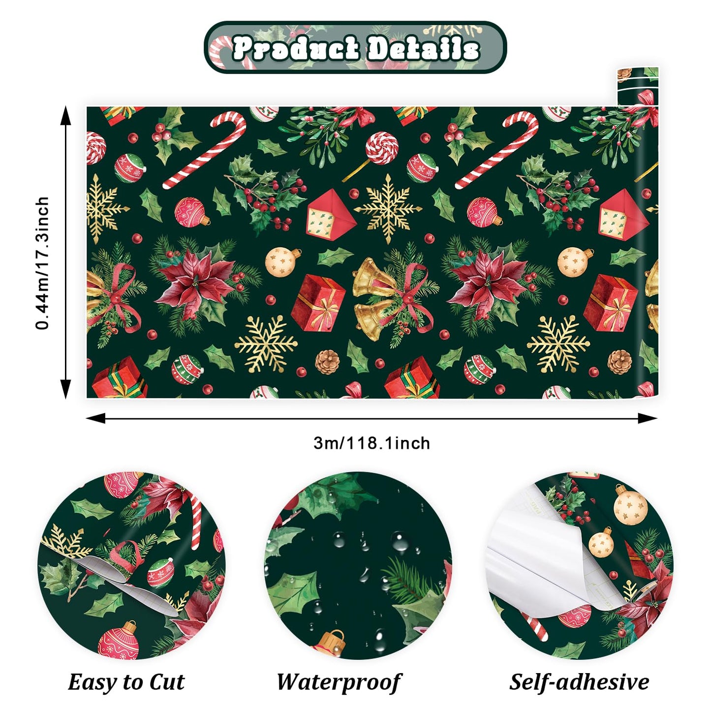 IARTTOP Merry Christmas Wallpaper Peel and Stick Xmas Holiday Poinsettia Contact Paper for Wall Cabinets Christmas Ornament Wallpaper Self-Adhesive for Winter Party Bedroom Holiday Decor(17.3"X118.1")