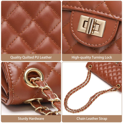 Quilted Crossbody Purse for Women Trendy Ladies Shoulder Bag with Chain Strap PU Leather Cross Body Bags Satchel HandBag,Caramel Brown