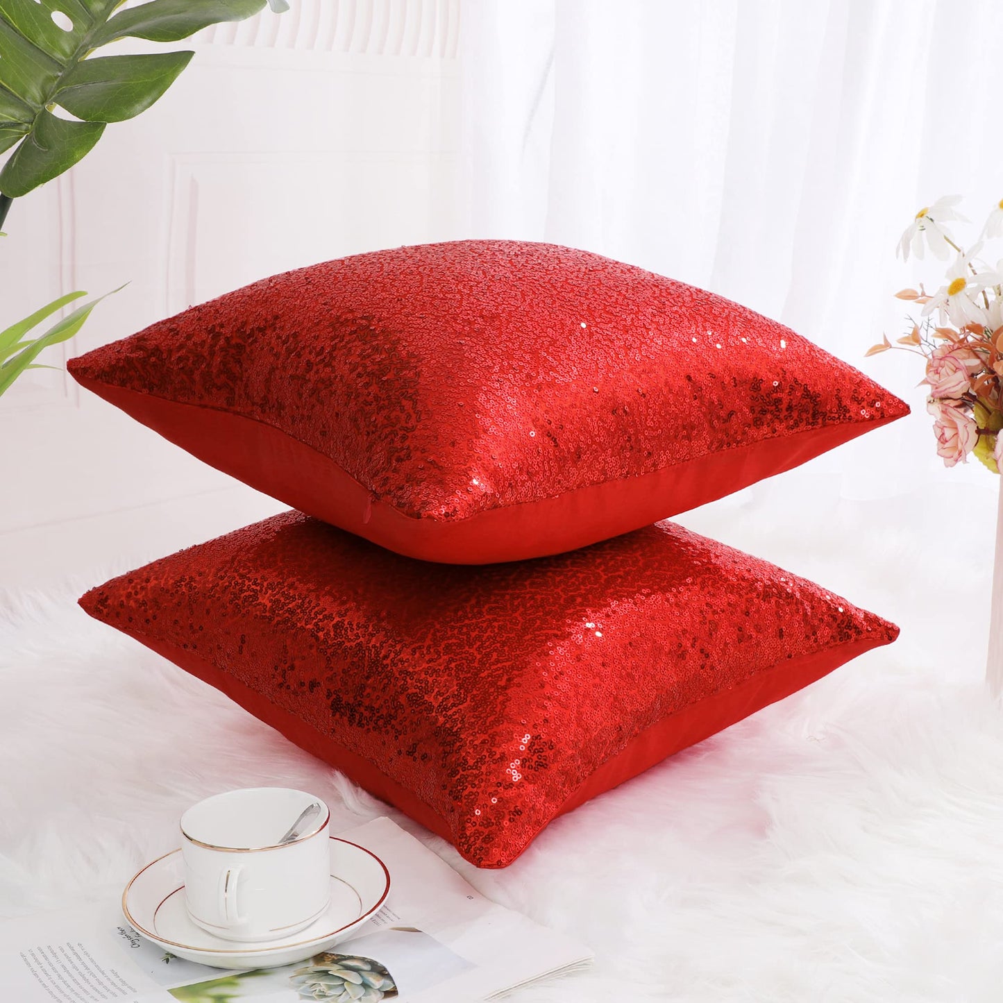 uxcell 2 Pcs Decorative Sequin Throw Pillow Cover, 16x16 Red