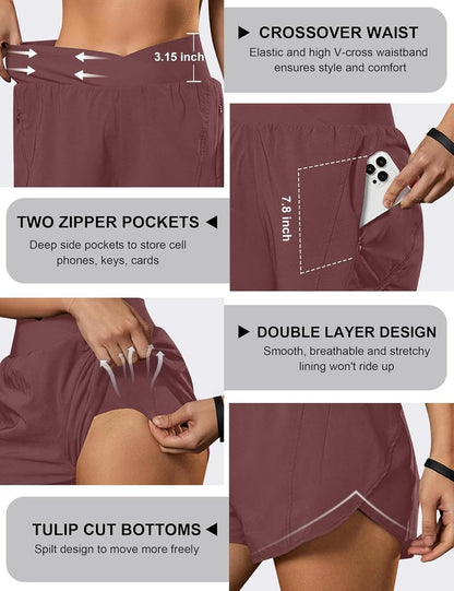 Women's High Waisted Crossover Workout Shorts - Athletic Running Shorts with Zipper Pockets | Comfortable Fit