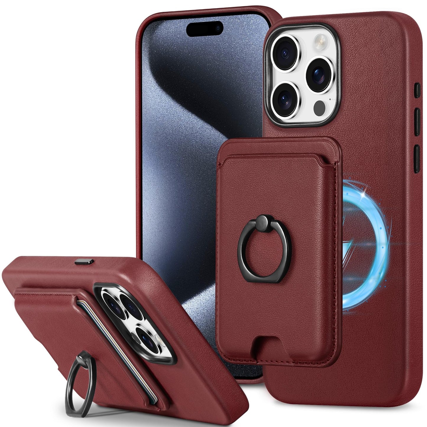 SHIELDON Genuine Leather Case for iPhone 15 Pro Max + Removable Magnetic Card Holder, Magnetic Wireless Charging Non-Slip Stand RFID Blocking Shockproof Compatible with iPhone 15 Pro Max - Wine Red