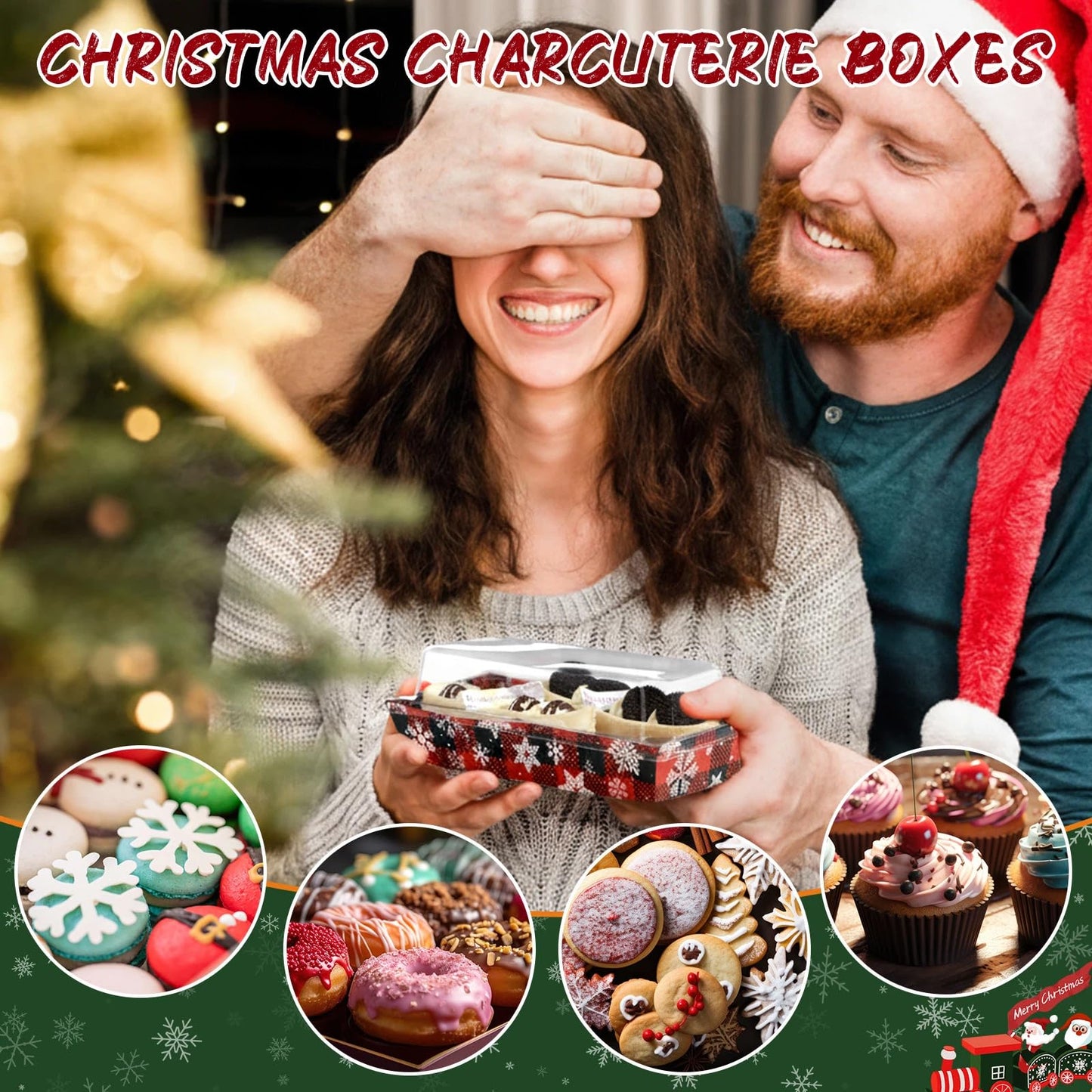 Bokon 100 Pack Christmas Charcuterie Boxes with Clear Lids, Red and Black Snowflake Cookie Boxes with Window, Disposable Food Containers Candy Treat Gift Tins for Sandwich, Cookie, Cake Slice