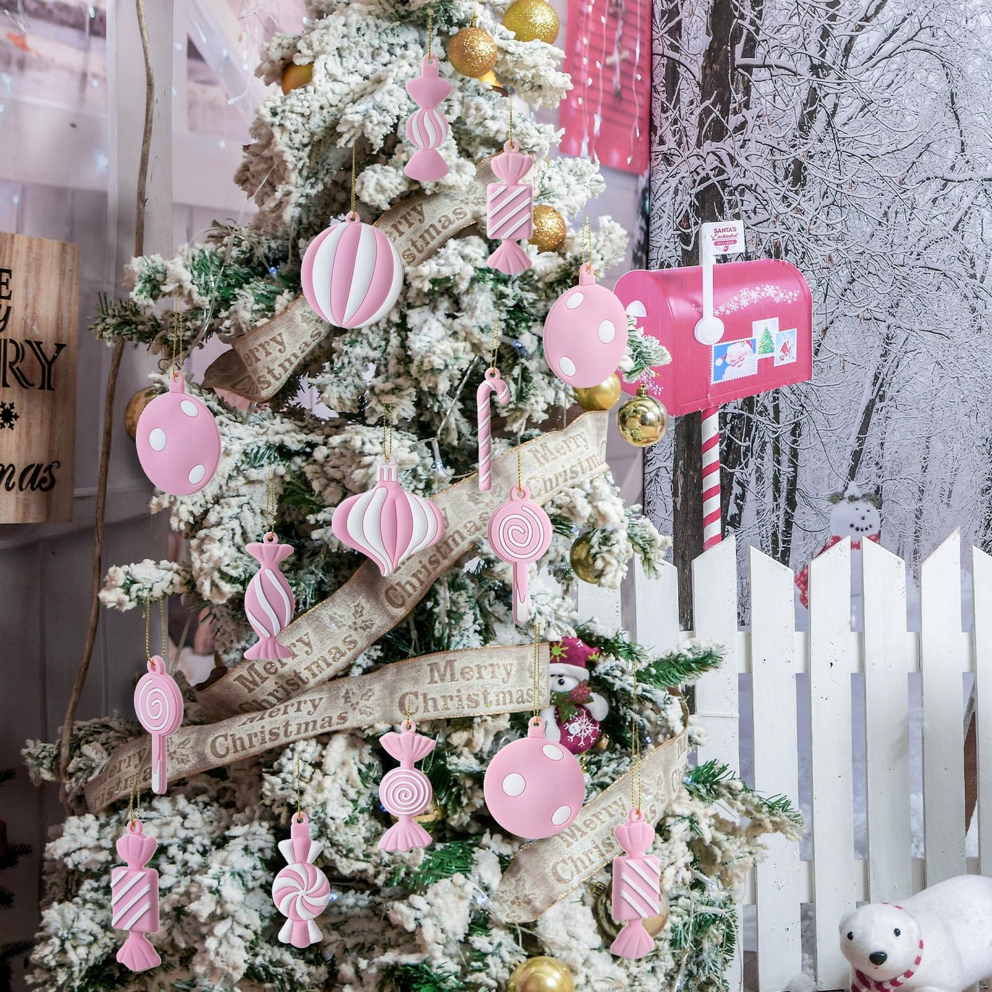 Panelee 20 Pcs Christmas Candy Tree Ornaments PVC Christmas Candy Cane Lollipop Ornament Xmas Hanging Decors Birthday Party Decoration Crafts for Holiday Xmas Tree Party (Pink and White)