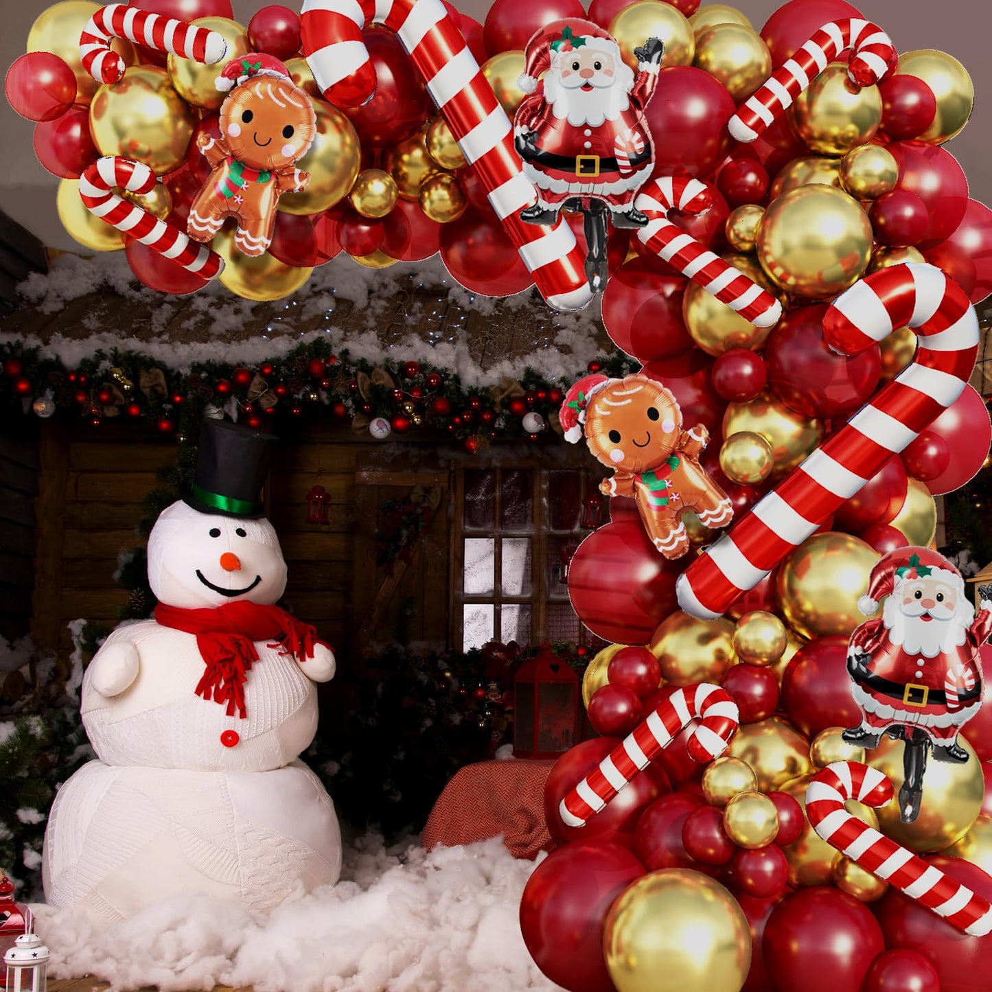 Christmas Balloon Arch Garland Kit, 114Pcs Retro Red Metallic Gold Latex Balloons with Large Cane Gingerbread Man Santa Claus Xmas Foil Balloons for Birthday Merry Christmas Party New Year Decorations