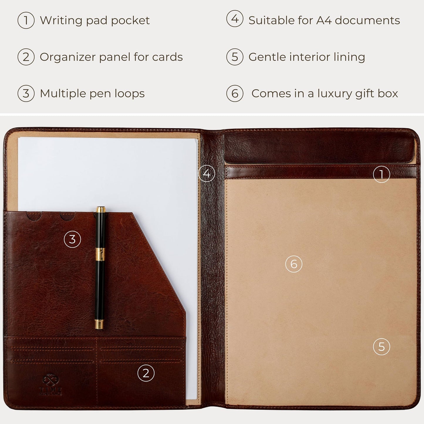 Time Resistance Leather Portfolio – Tablet size Leather Document Case – Small Briefcase Made in Italy (Brown)