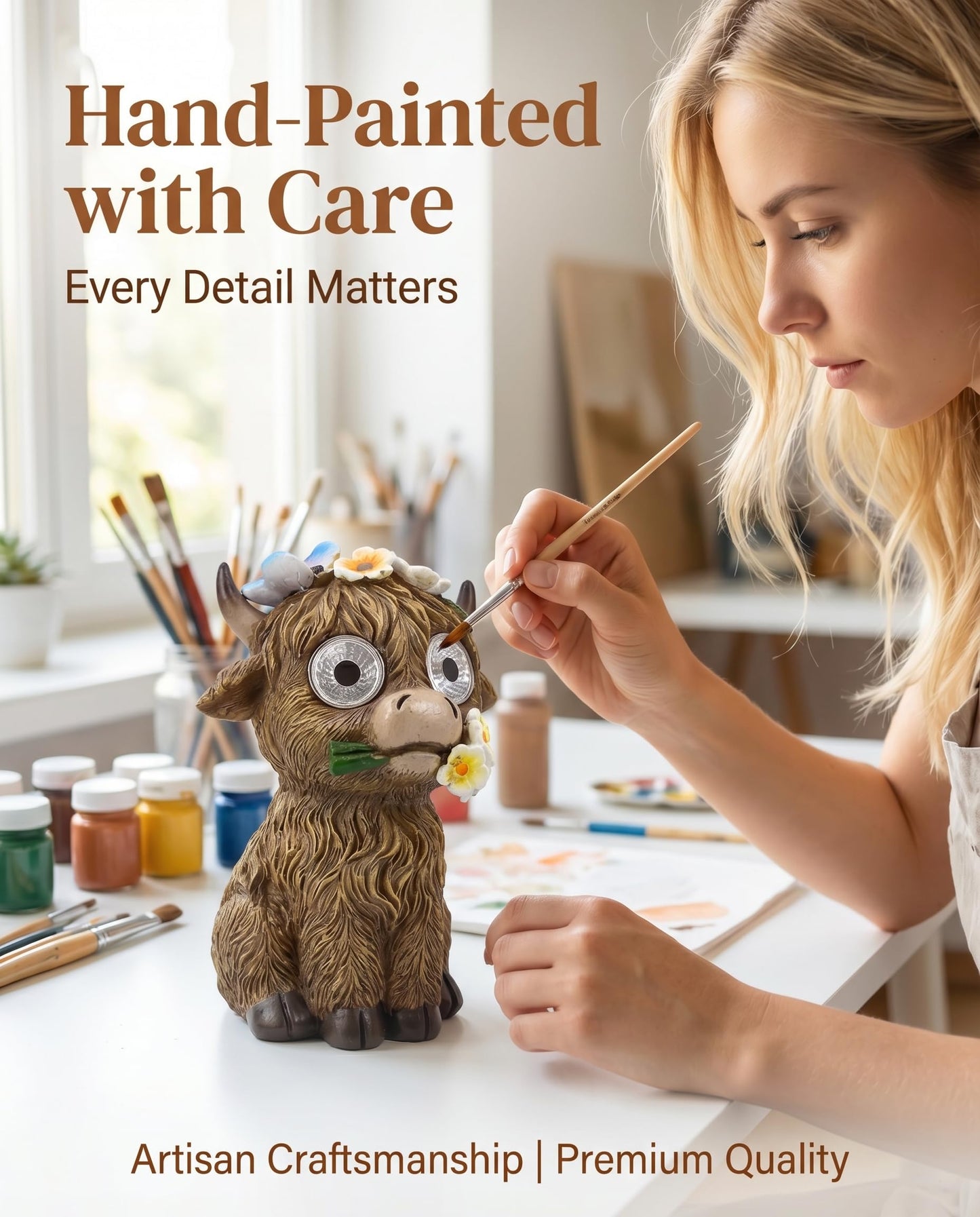 iStatue Solar Highland Cow Garden Statue with LED Light – Cute Resin Cow Figurine Outdoor Yard Decor, Waterproof Lawn Ornament, Gift for Women Mom Garden Lovers (1-Pack)