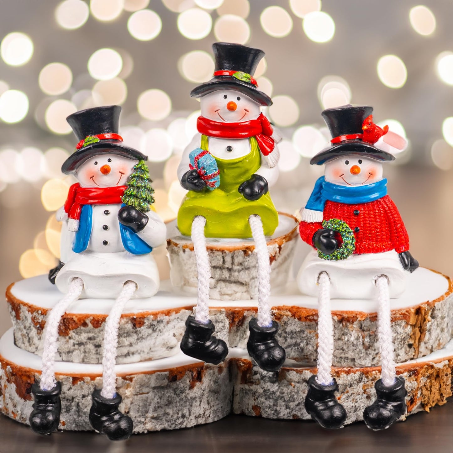 Dazzle Bright Christmas Figurines, Set of 3 Resin Santa Snowman Sitters with Dangling Legs, Xmas Table Fireplace Shelf Sitters Decorations Sitting Figurines Ornament for Indoor Home Decor