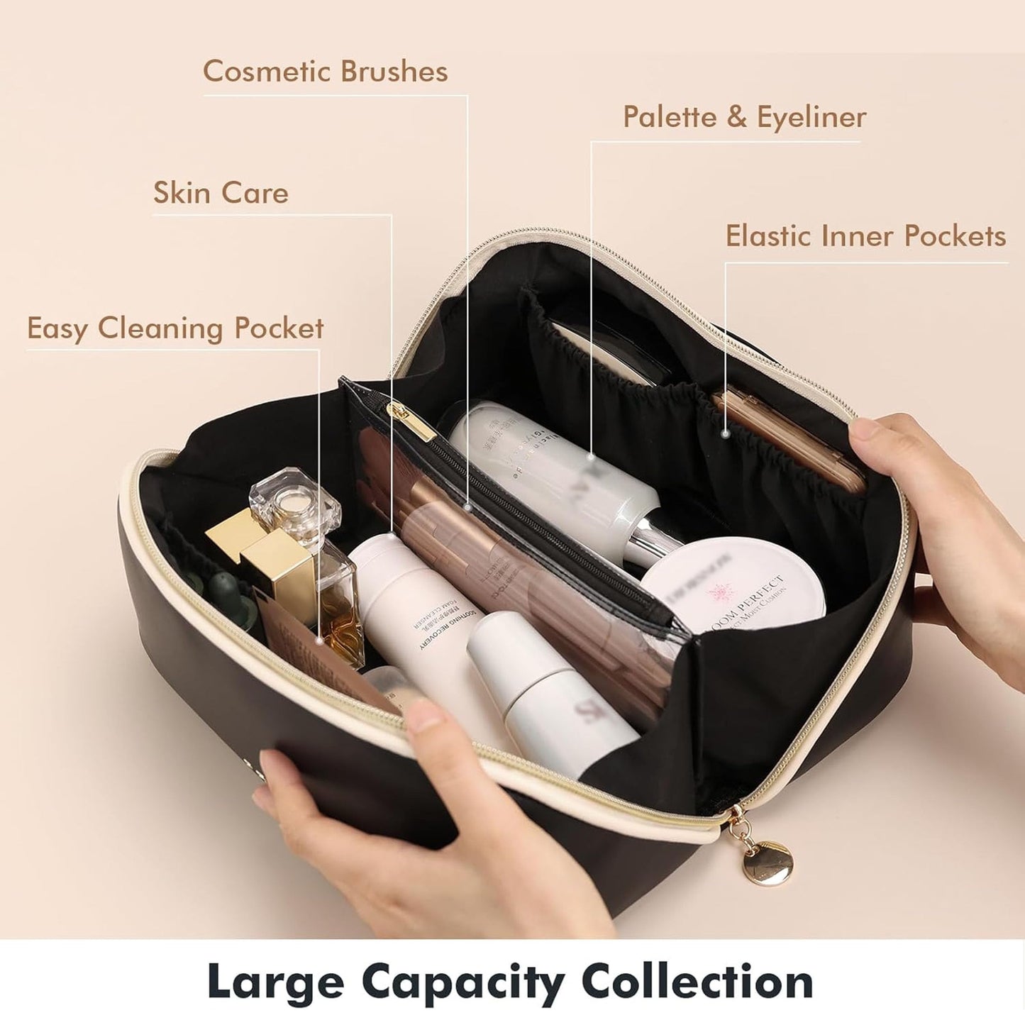 Prite Makeup Bag for Women Travel Waterproof Vegan Leather Cosmetic Bag Open Flat Toiletry Bag With Clear Divider and Handle (Black, Medium)