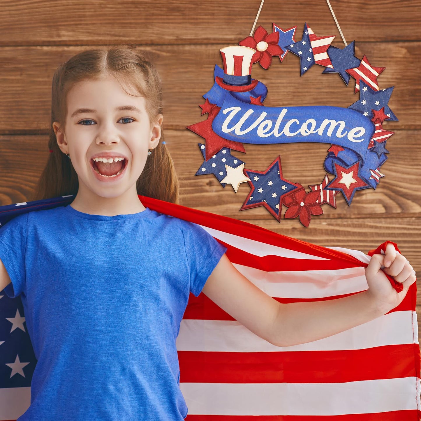 4th of July Decorations Wooden Welcome Sign, Wooden American Flag Star Wreath, Outdoor Wall Hanging for Front Porch, Veterans Day Home Decor (4th of July)