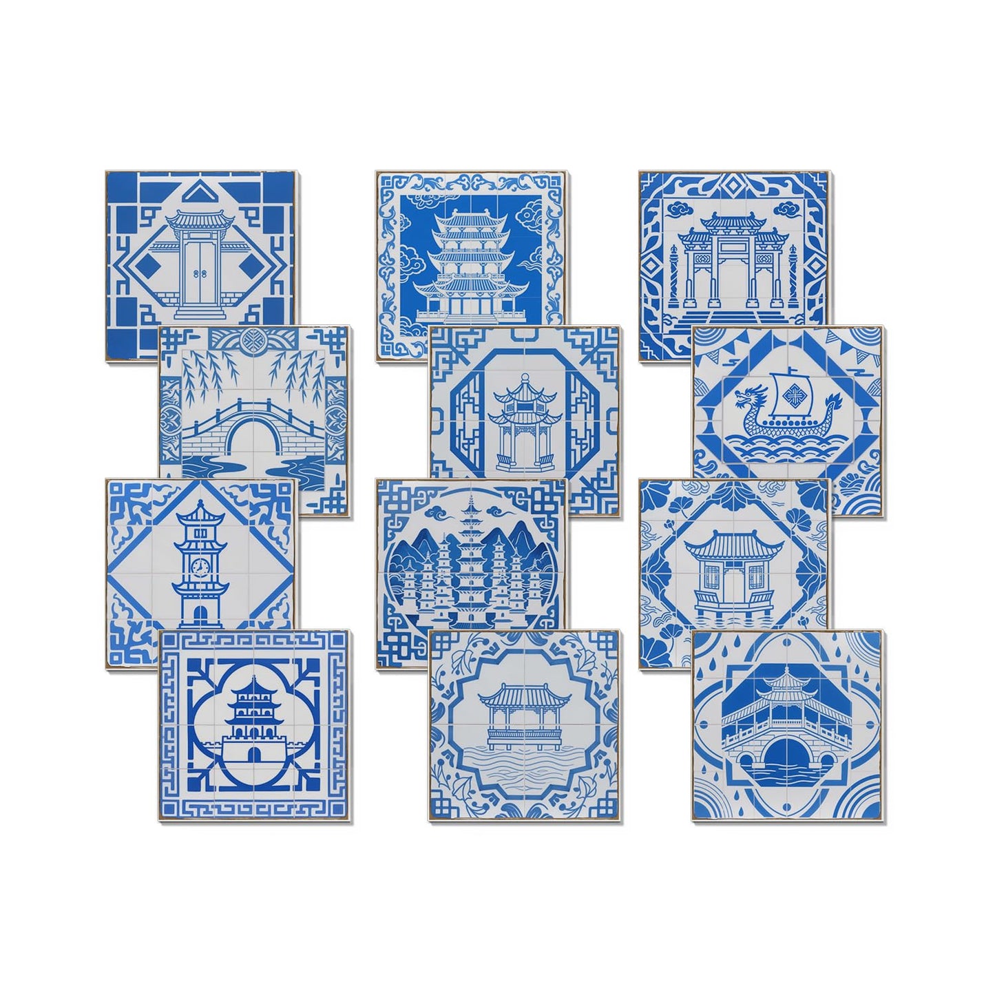 Decorative Blue White Tile Stickers Peel Stick with Chinese Pogada Pattern,Thickened Adhesive backsplash Tiles for Kitchen Furniture RV Vanity Fireplace Decor(5.91 * 5.91 in,12 pcs)