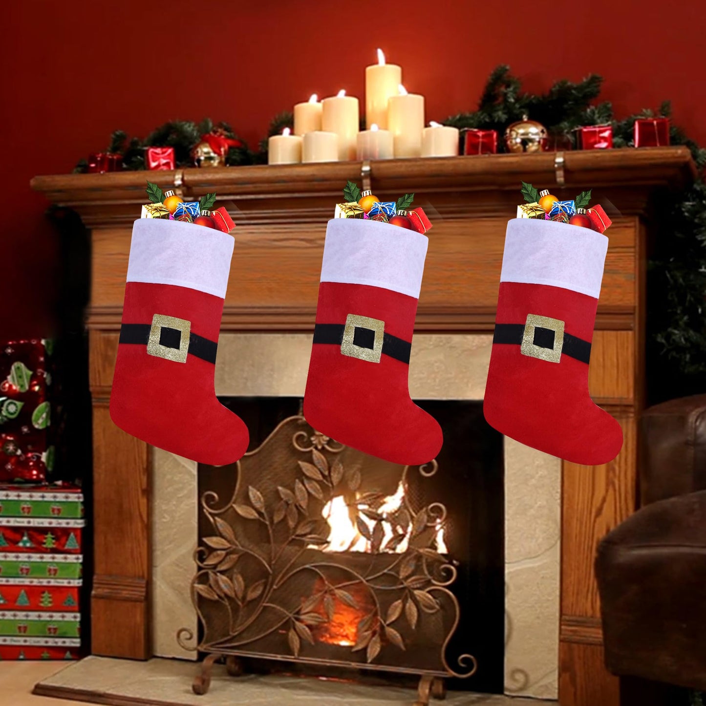 Tokforty 12 Pack Felt Christmas Stockings with Buckle, 19 Inches Red and White Christmas Stockings Hanging Ornaments, White Cuff with Buckle Christmas Stocking for Family Christmas Holiday Decorations