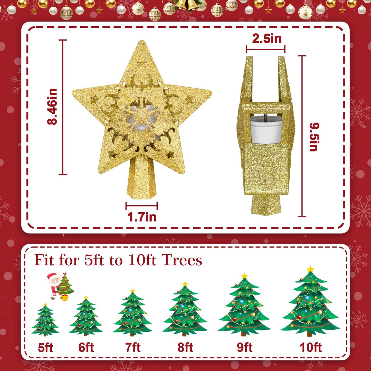 Christmas Tree Topper with Built-in 360° LED Rotating Projector, 3D Hollow Sparkling Gold Star, 3m Plug in Christmas Tree Top Decorations, Indoor Office Party Holiday Home Xmas Treetop Cool Ornament