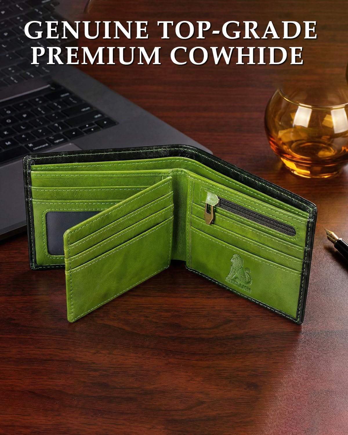 STEELLION Leather Wallets for Men, Cowhide Mens Bifold Wallet RFID Blocking with 2 ID Windows, Zipper Pocket (Green)