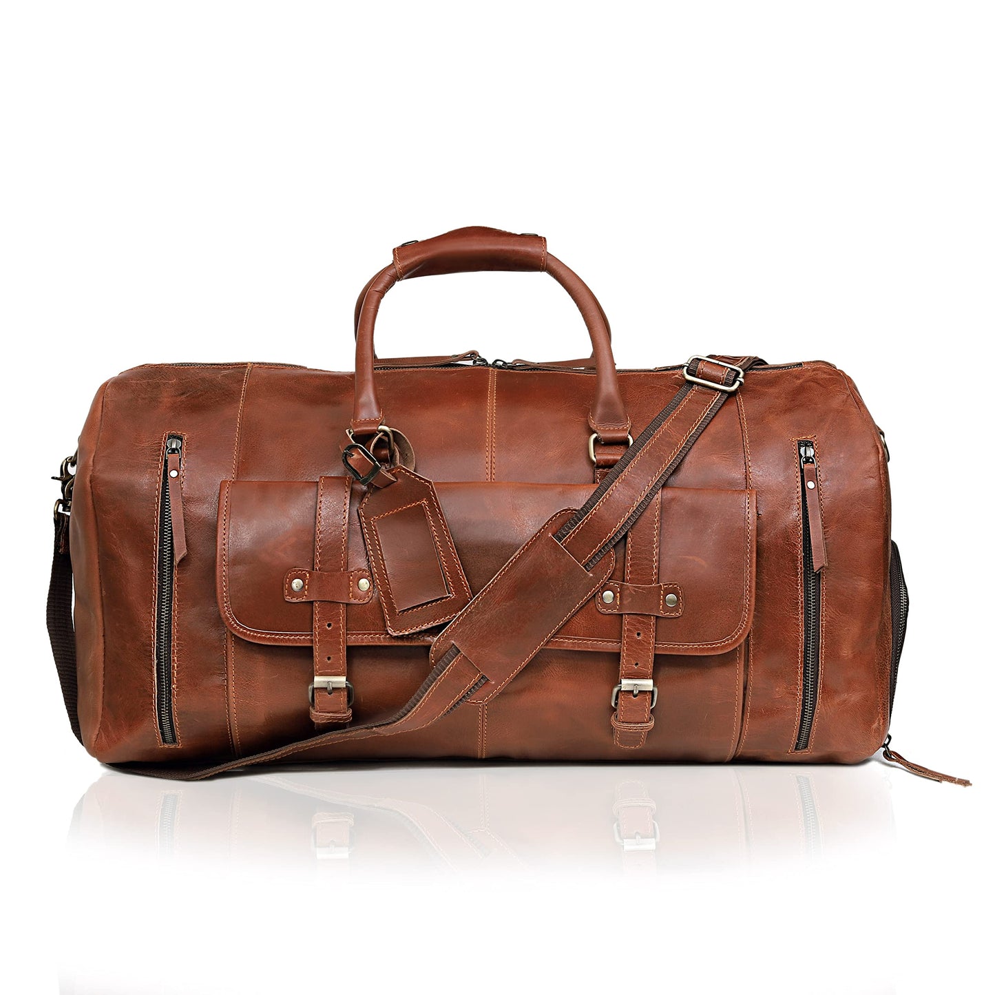 24 Inch Leather Duffle Bags for Men Large Full-Grain Buffalo Leather Overnight Gym Bag, Luggage Weekend Travel Bag for Men & Women, Carry On Airplane Cabin Bag with Shoe Compartment