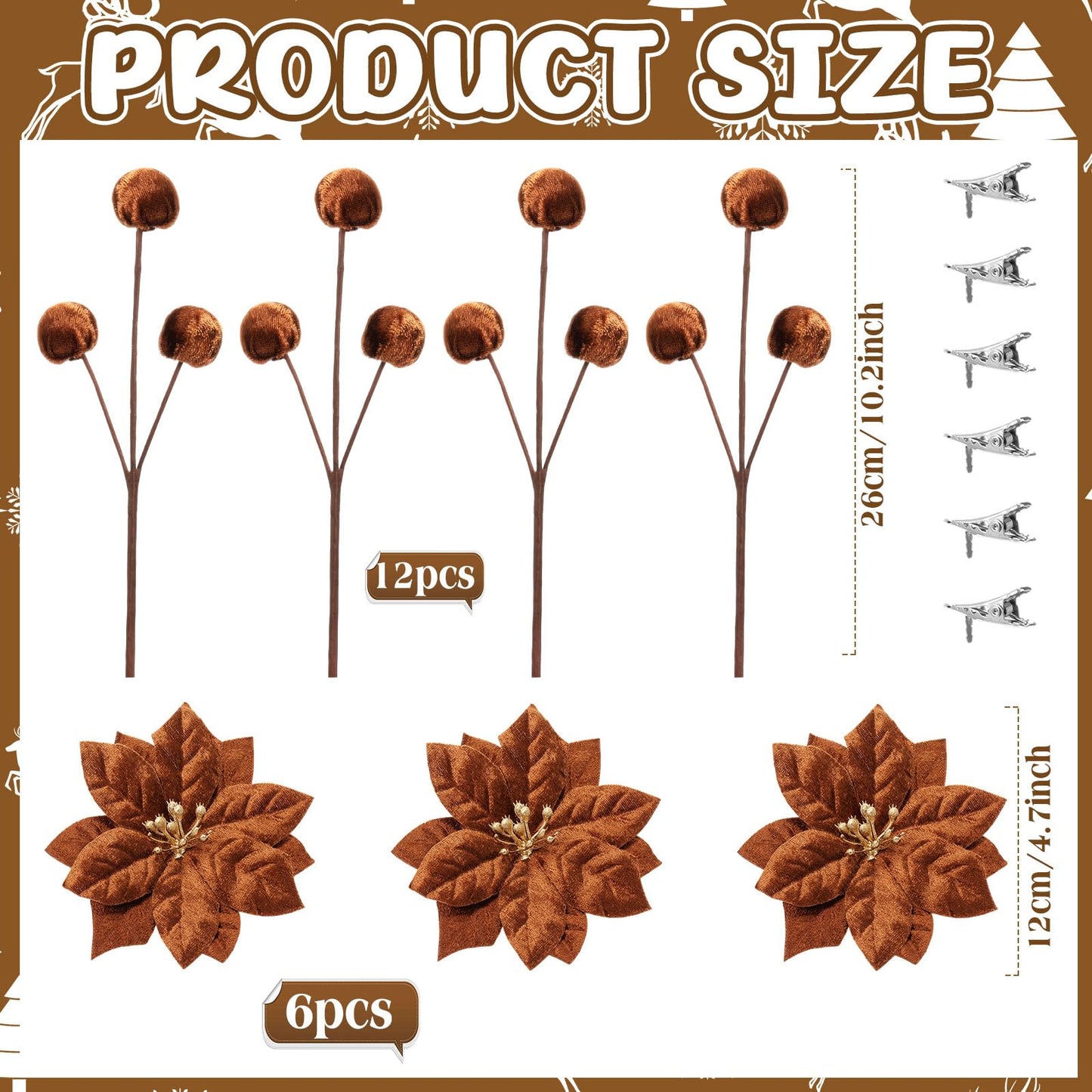 Hungdao 18 Pcs Velvet Christmas Tree Ornament Set Artificial Christmas Poinsettia Flower with Clips and Tree Picks Neutra Holiday Ornaments for Xmas Wreath Fireplace Stairs Decor(Brown)