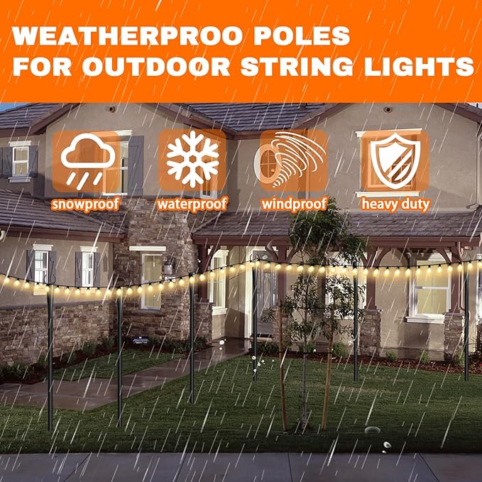 4 Pack 10Ft String Light Poles, Metal Poles with Fork for Outside Lights,Outdoor Metal Light Stand with Fence Brackets Hanging Lights for Garden Patio Wedding Backyard Deck Party