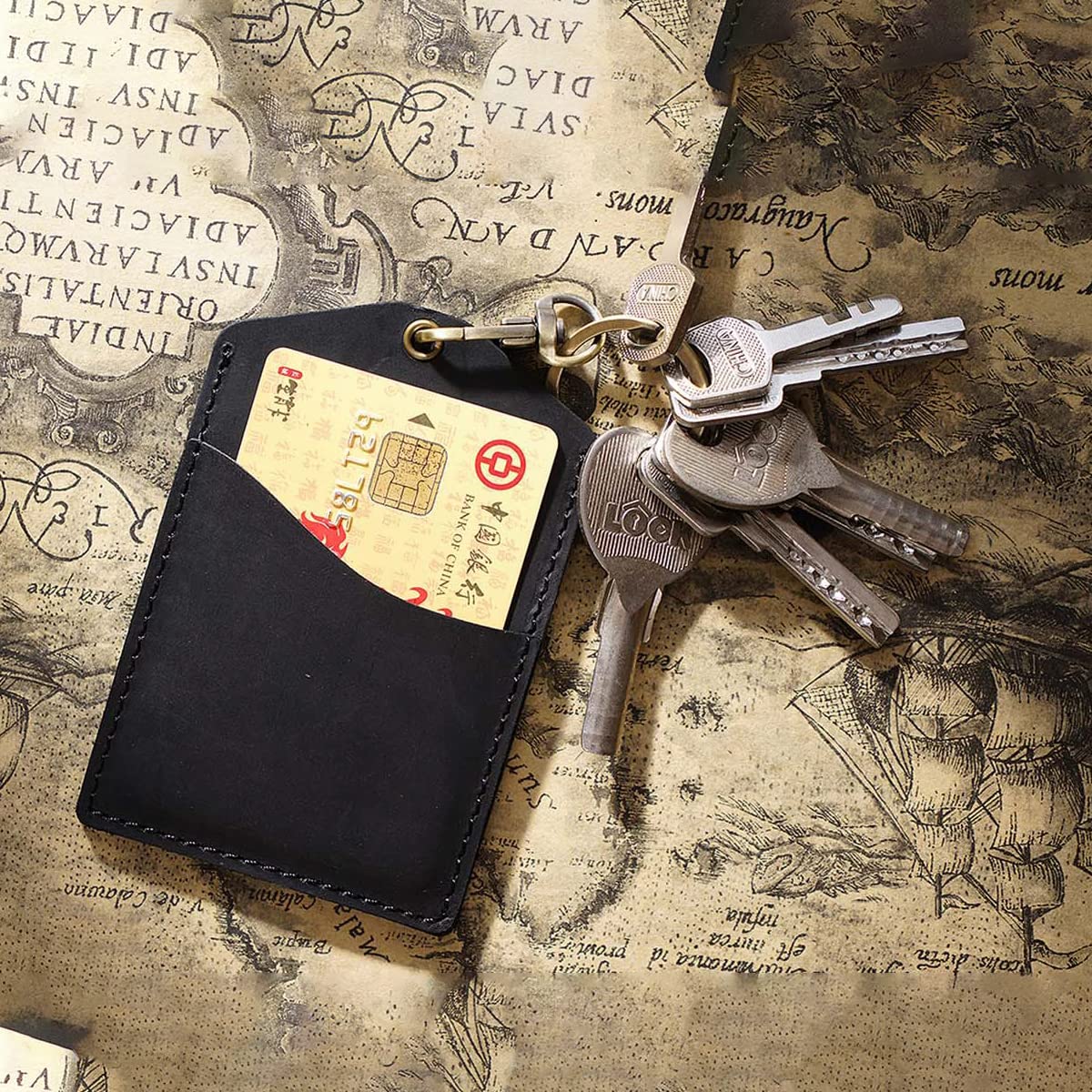 Badge Holder Vertical Handmade Leather ID Card Badge Holder Keychain with Heavy Duty Lanyard for Men Women (Black Leather)