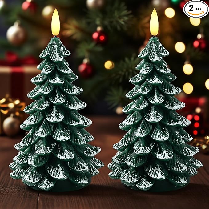 Christmas Decorations Indoor, Christmas Decor - Christmas Tree Candles Battery Operated, Flameless LED Candle Lights with 6H Timer, Xmas Home Decor, Set of 2(Green)