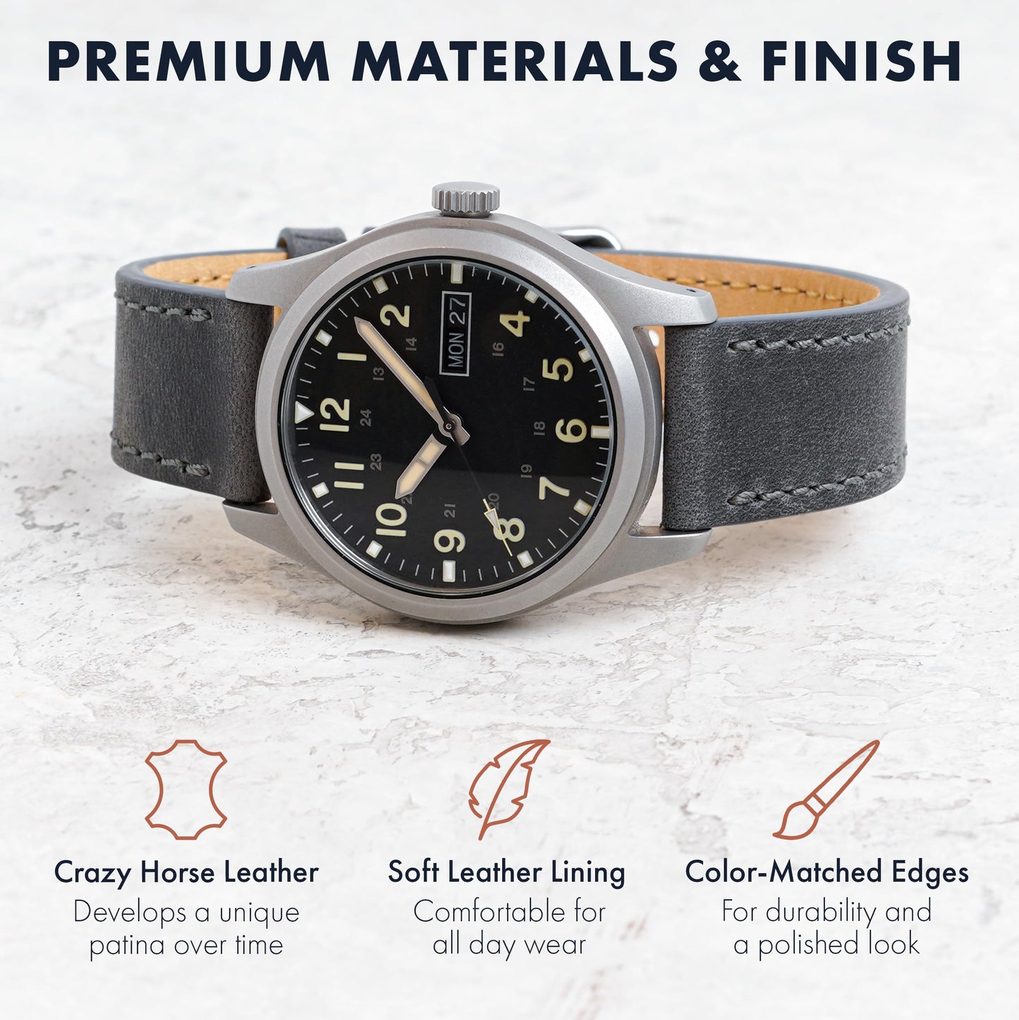 Benchmark Leather Watch Band - Crazy Horse Leather Watch Straps for Men & Women - Quick Release Spring Bars - Choice of Color - 18mm, 20mm, or 22mm Widths (20mm, Grey)