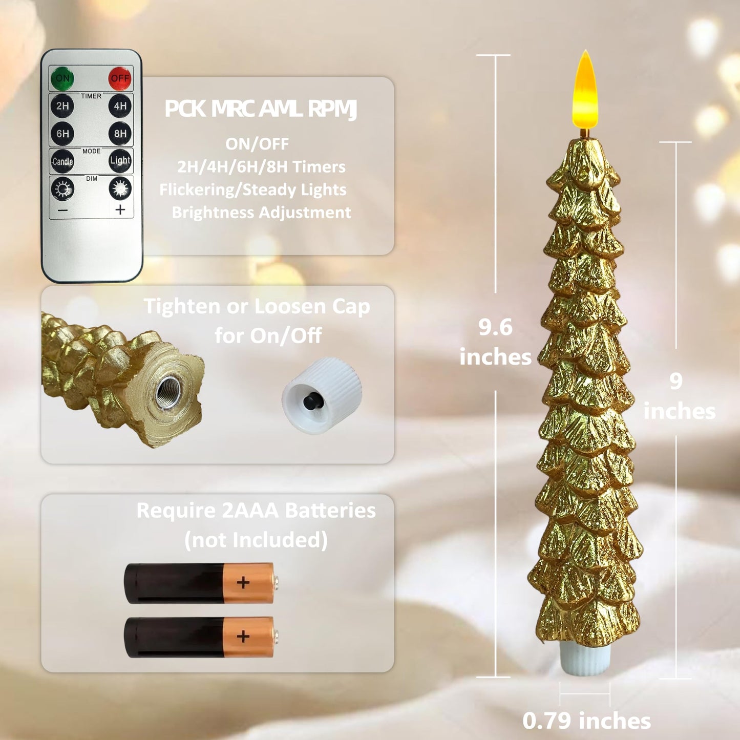 XINAOBAOLUO 10 in Gold Christmas Tree Flameless Candle Window Candles with Remote Timer Battery Operated Taper Candle LED Taper Candles Set of 2