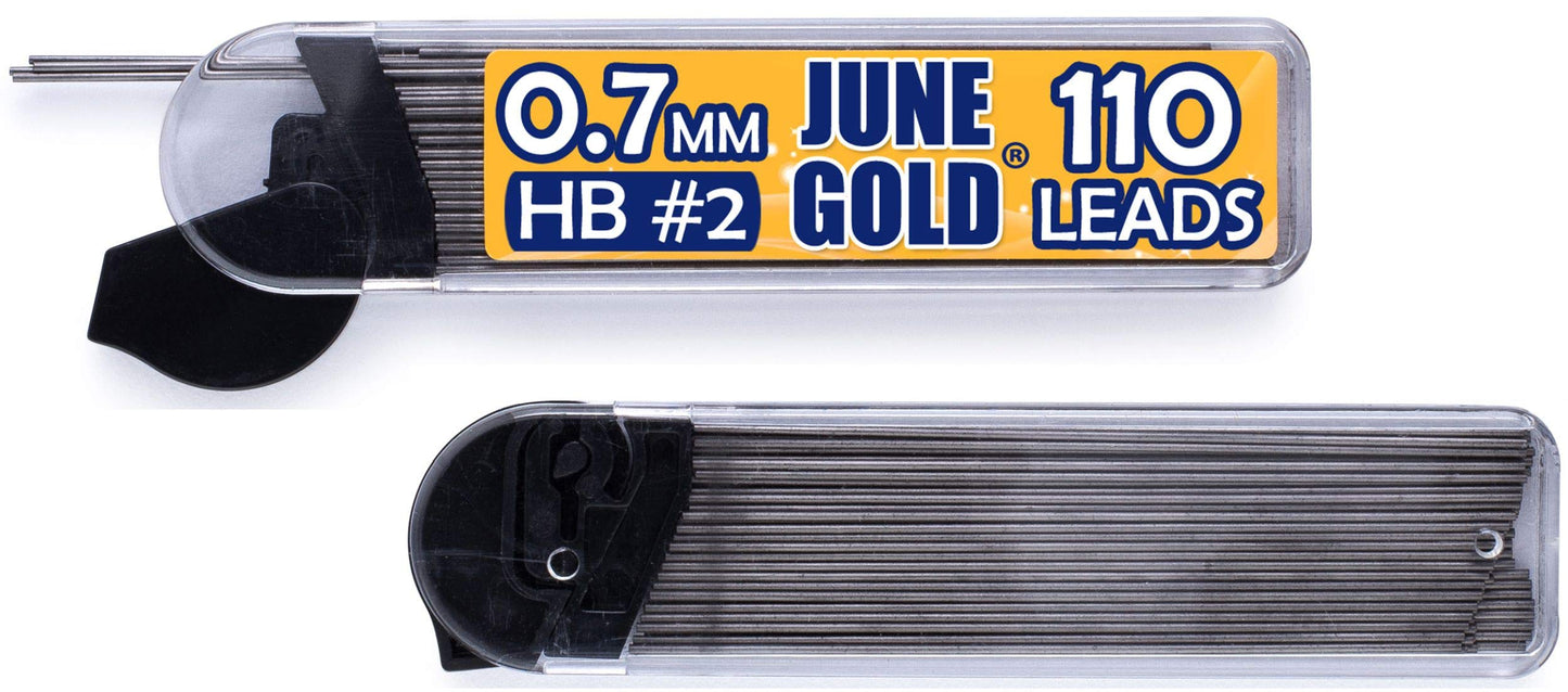 June Gold 72 Mechanical Pencils, 0.7 mm HB #2 Lead, 2 Dispensers/w 220 Graphite Refills & 16 Refill Erasers, Break Resistant Lead, Convenient Side Click & Soft Non-Slip Grip
