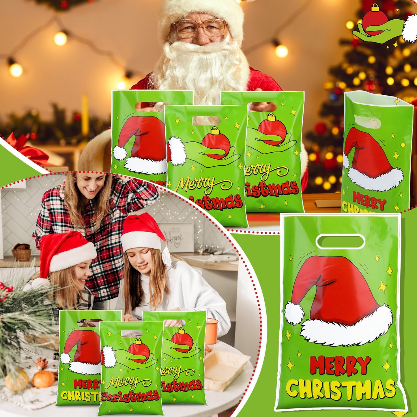 Supervitae 50 Pcs Merry Christmas Gift Bags with Handle Green Elf Xmas Goodie Bags Funny Cartoon Character Candy Bag for Xmas Snack Cookie Packing Party Favors