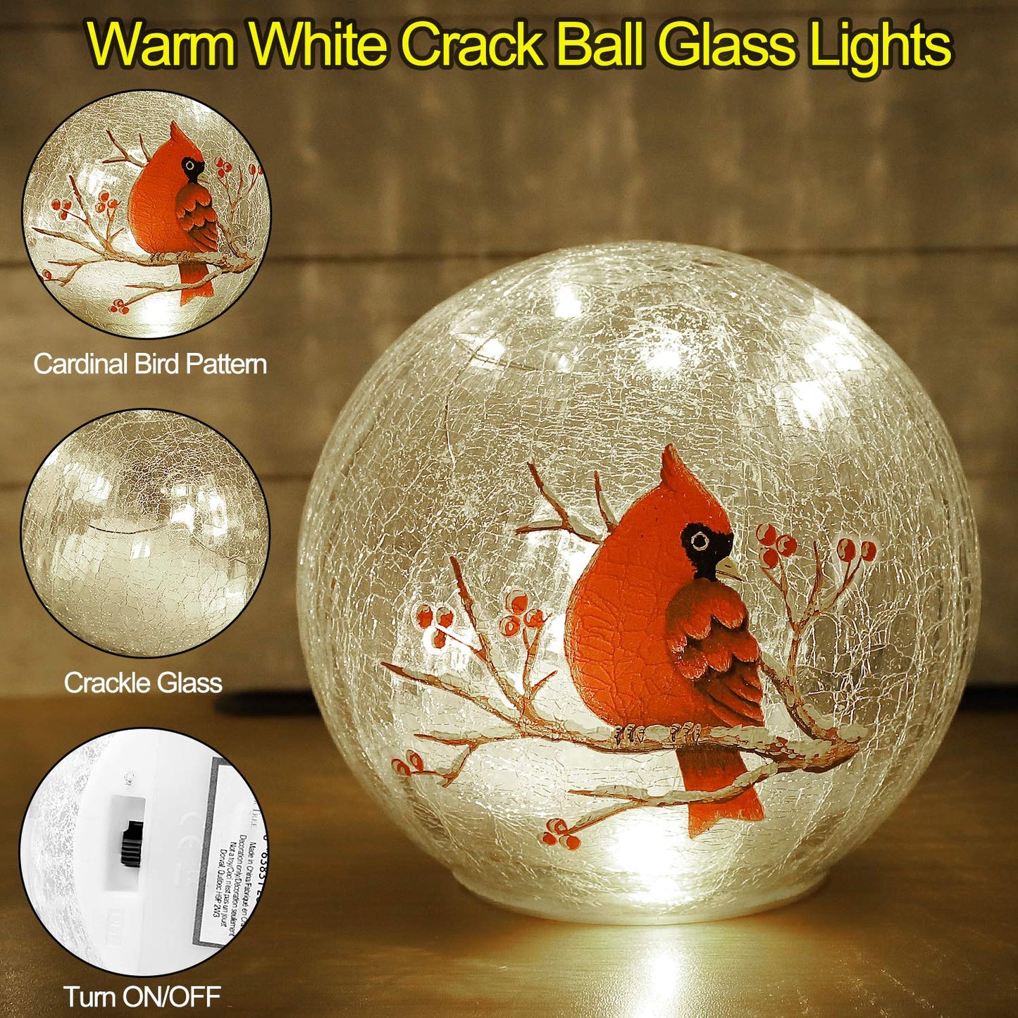 Crackle Glass Cardinal Lamp Battery Operated Globe Lamp for Women Stylish Cardinal Decor Ornaments Red Bird Pattern Stained Glass Mother's Day Gifts 2 Pack (6in & 5 in) (No Timer)