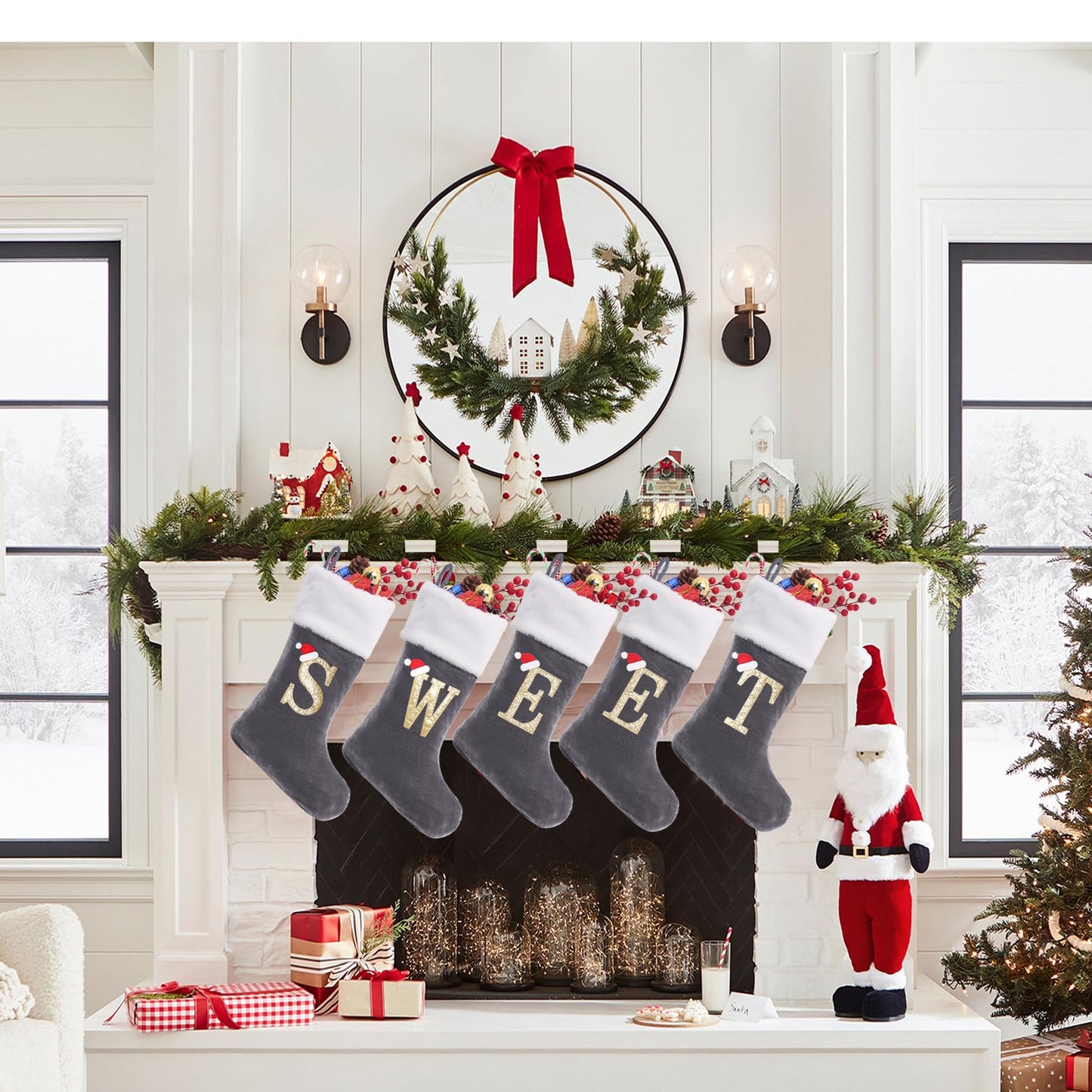 Sailup 20 Inches Monogram Christmas Stockings with Letters, Large Super Soft Christmas Stockings Grey Velvet with White Super Soft Plush Cuff for Christmas Xmas Tree Holiday Fireplace Grey