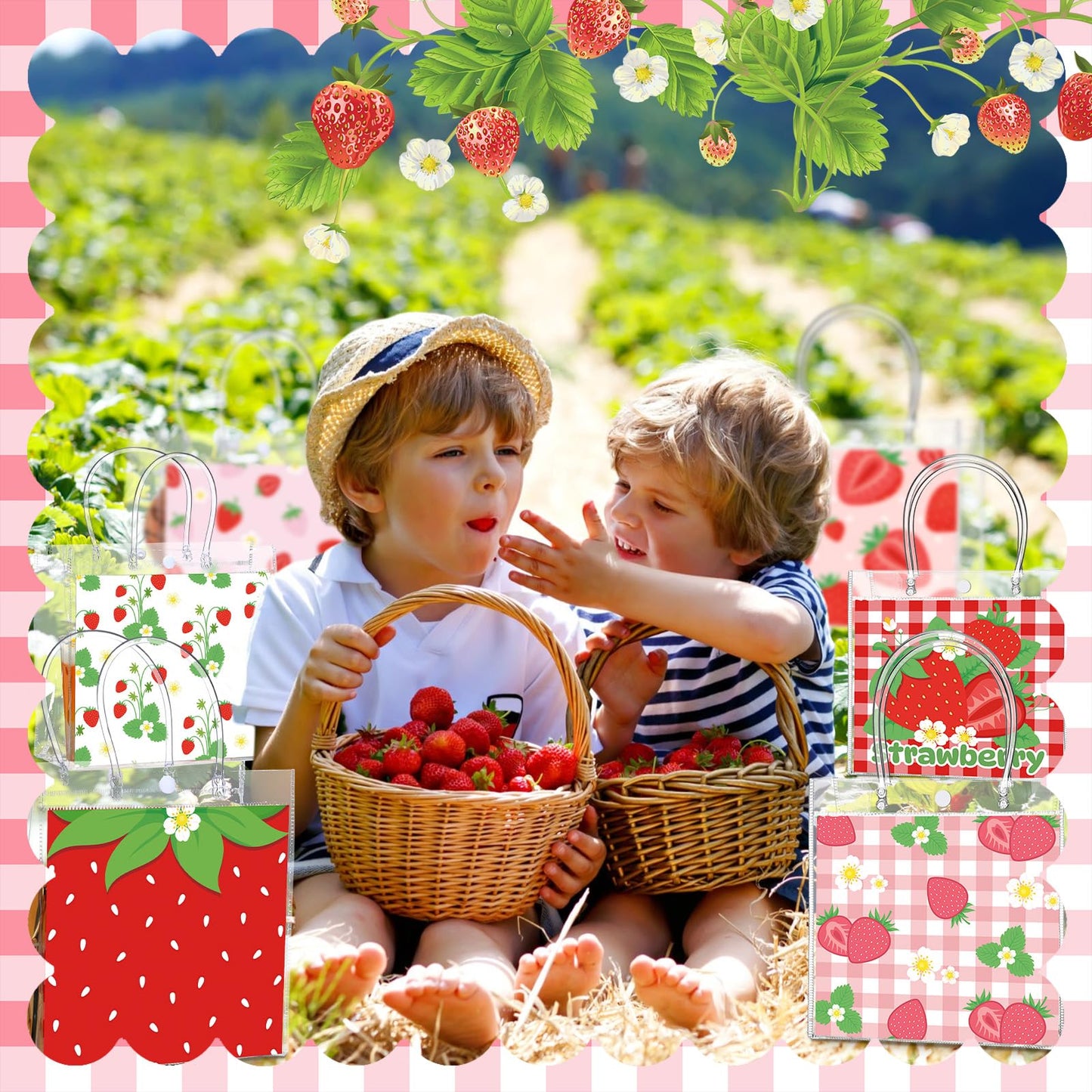 Teenyyou 24 Pcs Strawberry Party Favor Bags Clear PVC Goodie Treat Tote Gift Bags with Handles Strawberry Theme Birthday Party Supplies