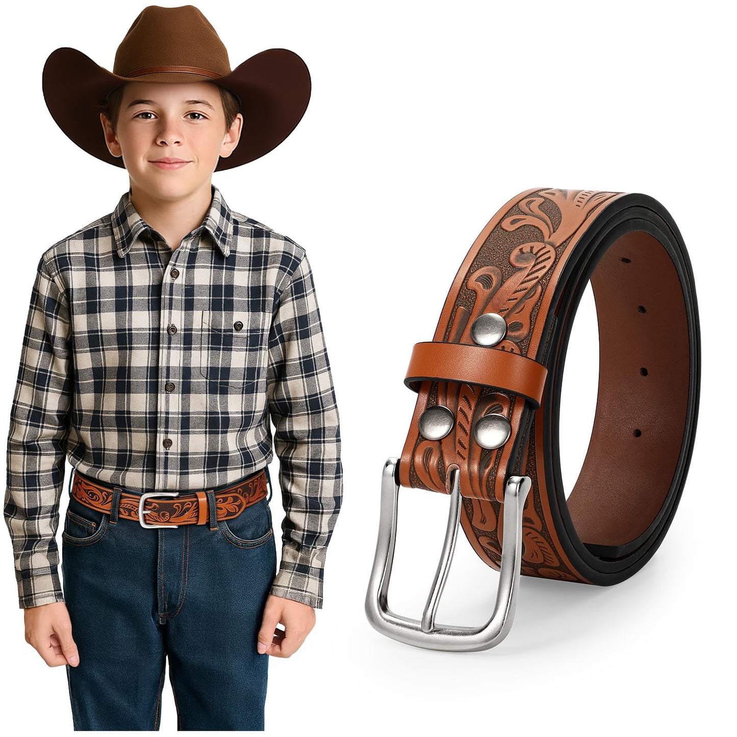 UpFind Boys Western Leather Belt Engraved Kids Cowboy Belt with Pin Buckle for Jeans Pant School Uniform Dress Up, 1.5" Wide