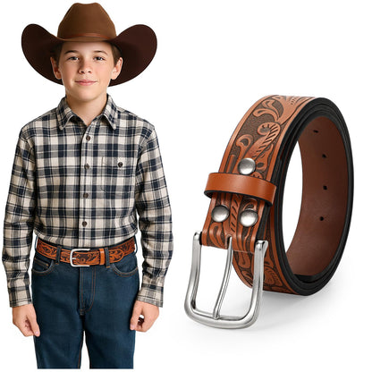 UpFind Boys Western Leather Belt Engraved Kids Cowboy Belt with Pin Buckle for Jeans Pant School Uniform Dress Up, 1.5" Wide