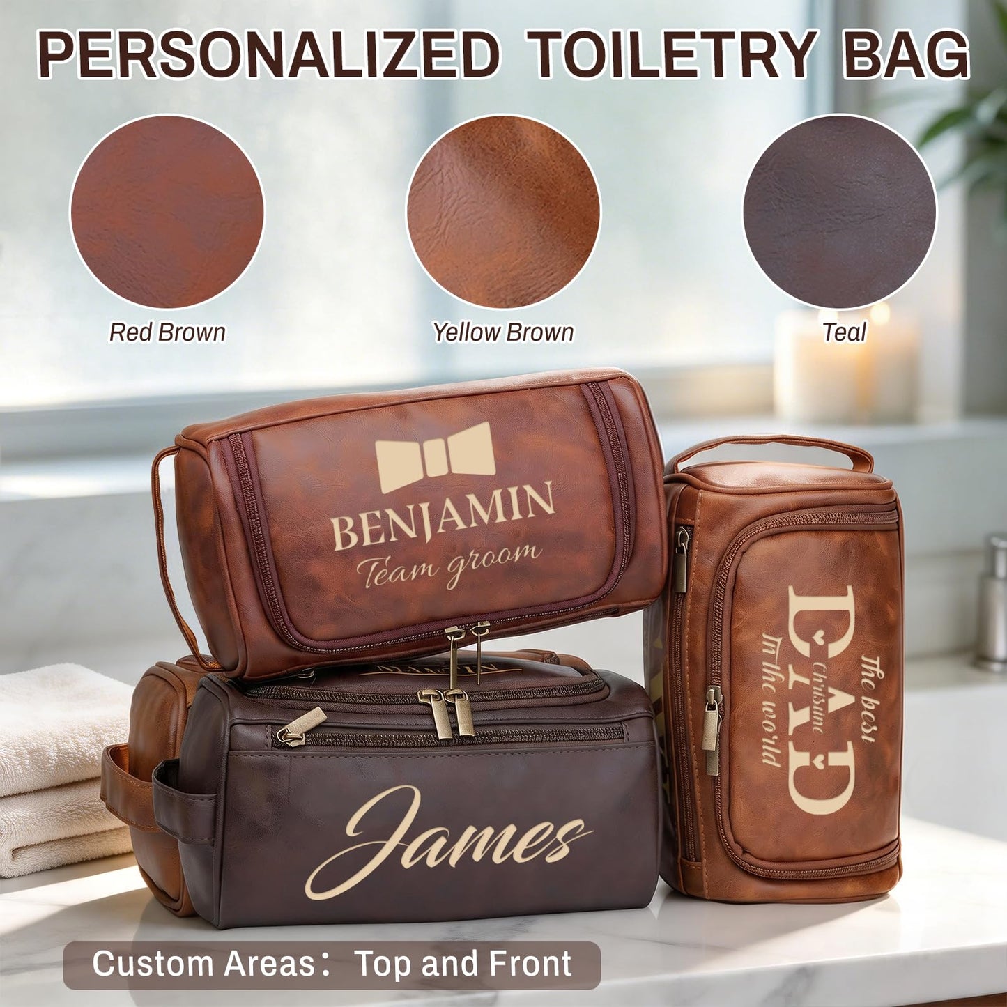 Aeekdook Personalized Toiletry Bag for Men - Engraved Name/Logo, Waterproof PU Leather Dopp Kit with Hanging Multi-Compartment, Unique Gifts for Men Husband Groomsmen Boyfriend Birthday Father's Day