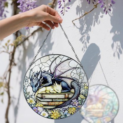 Stained Glass Window Hanging, 8 Inch Dragon Stained Glass Suncatcher, Dragon Decor, Home Decor for Windows, Book Lover Gift, Gifts for Book Lovers, Gifts for Bookworm on Birthday Christmas