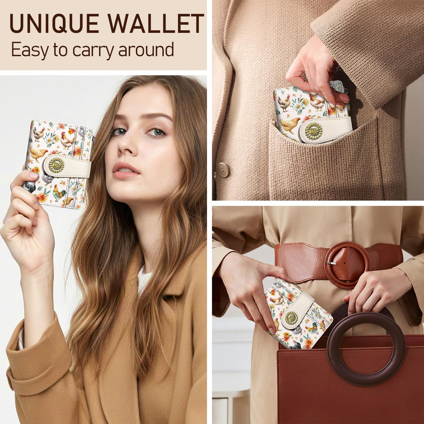 Kelvoris Roosters Chicken Small Rfid Women Wallet Bifold Zipper Coin Pocket PU Leather Compact Cash Credit Card Holder Travel Wallet for Female Ladies Teen Girls 1 ID Window 10 Card Slots