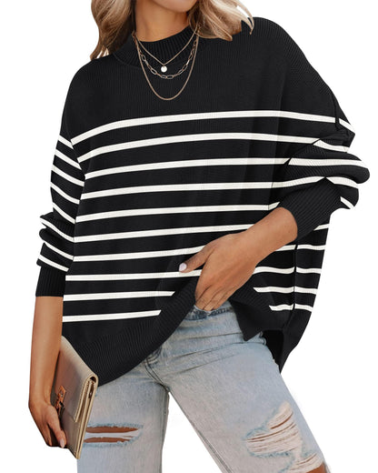 ZESICA Women's Fall 2025 Casual Long Sleeve Crew Neck Side Slit Oversized Ribbed Knit Pullover Sweater Tops