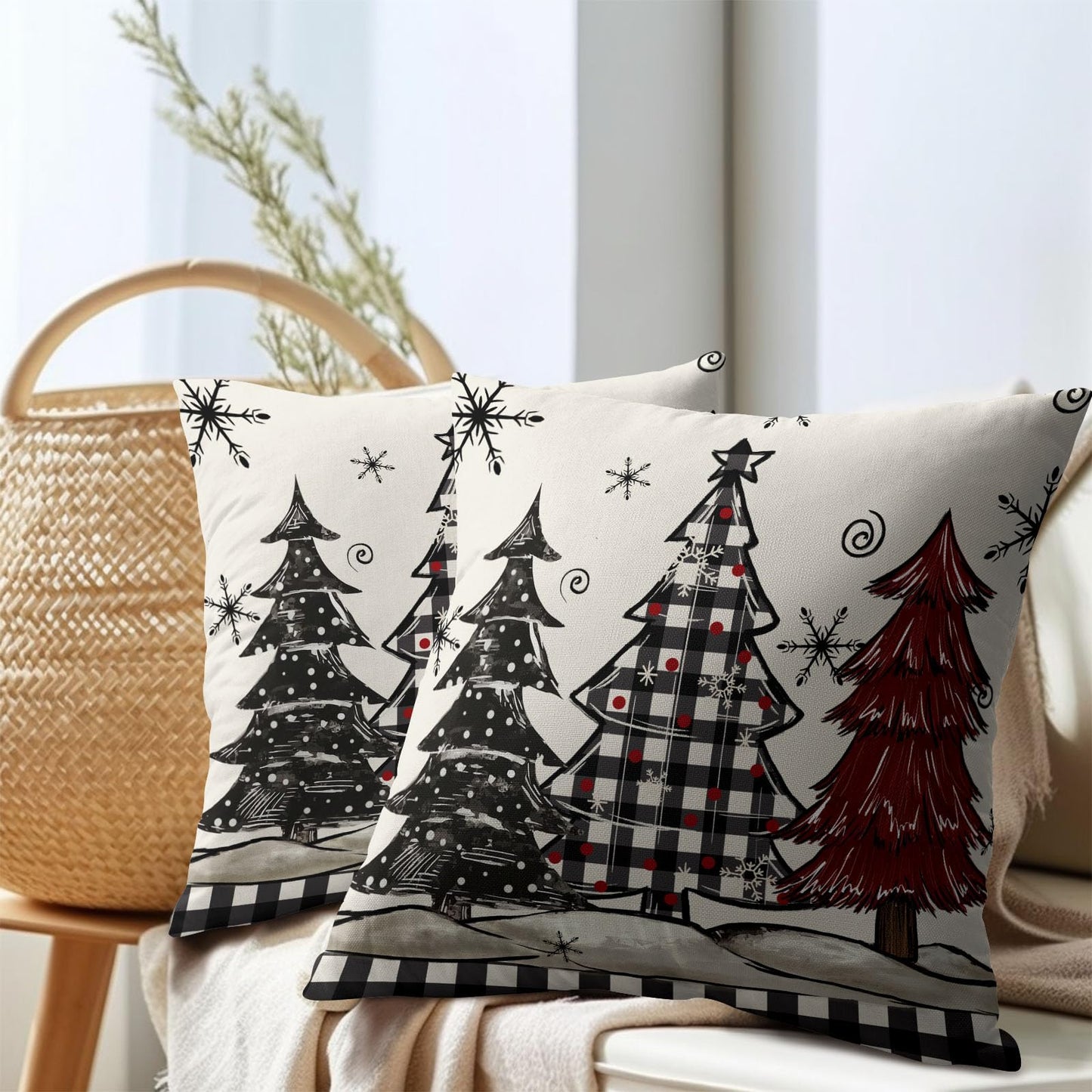 Ancordivo Christmas Pillow Covers 18x18 Inch Set of 2 Xmas Theme Black and Red Tree Snowflake Outdoor Throw Pillows Winter Holiday Buffalo Plaid Pillowcases for Couch Sofa Bed Home Decor