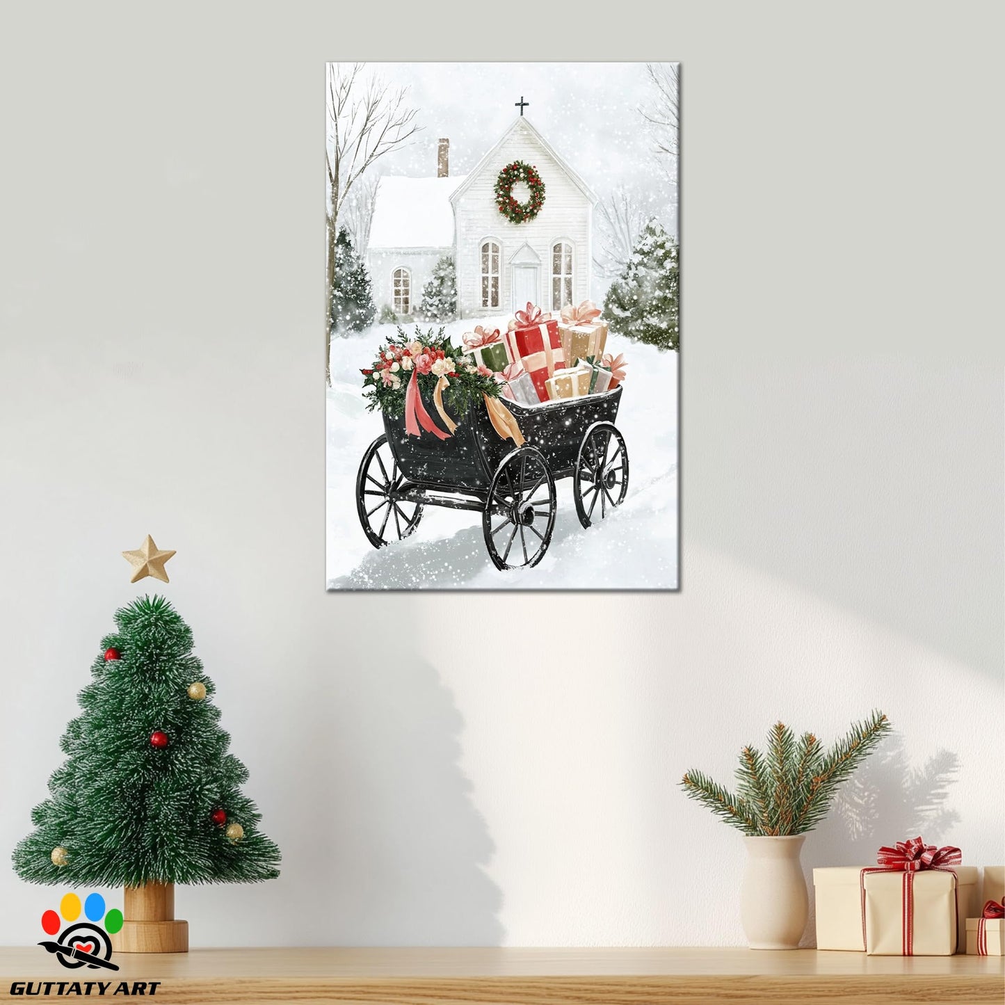 GUTTATY Christmas Canvas Wall Decor, Christmas Gift Carriage Canvas Wall Art, White Church Snowy Scene Wall Pictures, Minimalist Xmas Canvas Artworks for Living Room, Bedroom 18x24 Inch