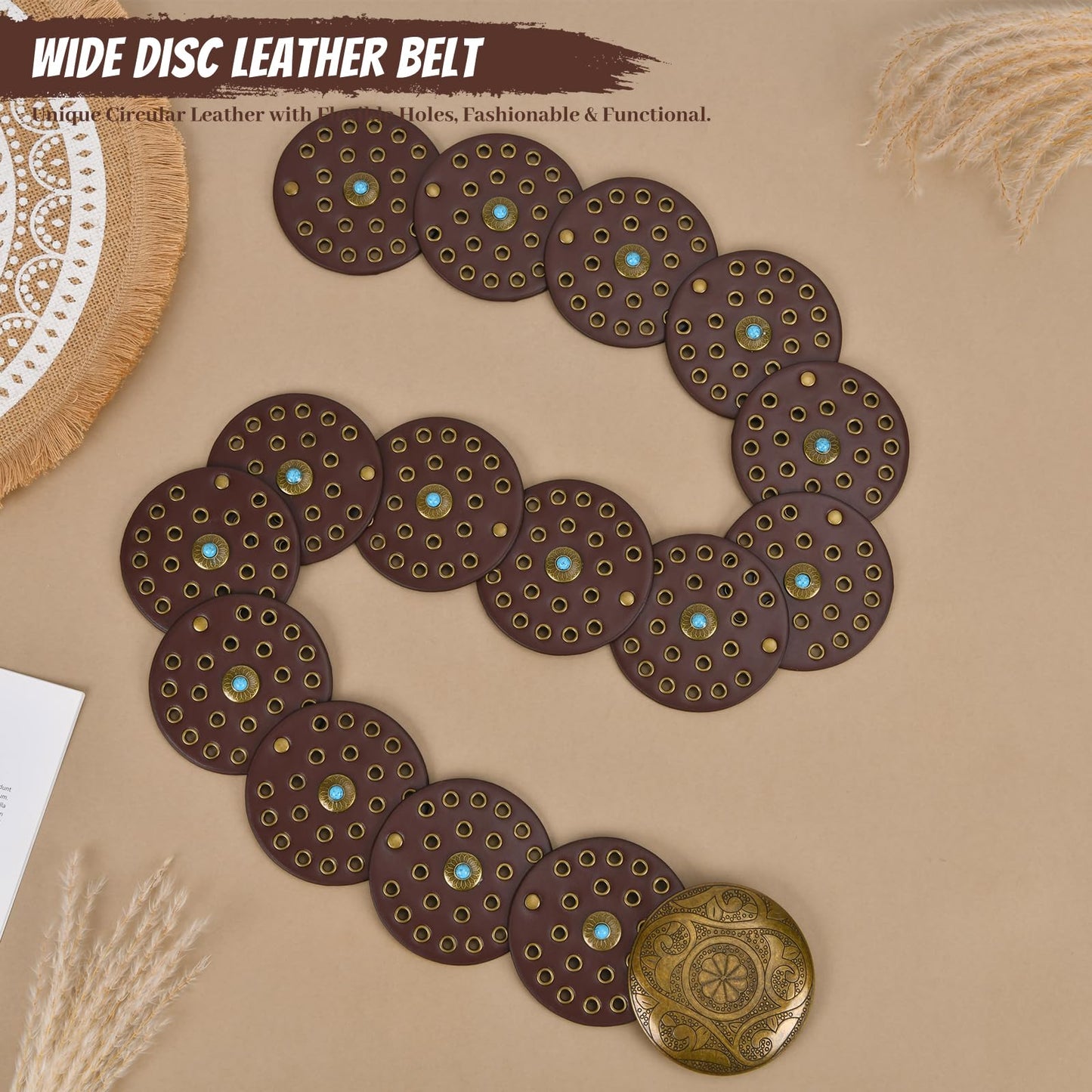 QILVYTH Western Leather Belts for Woman Boho Cowgirl Wide Disc Belt for Women Concho Cowboy Waist Belts for Dress Chocolate-bronze 48'' (fits waist size up to 45'')