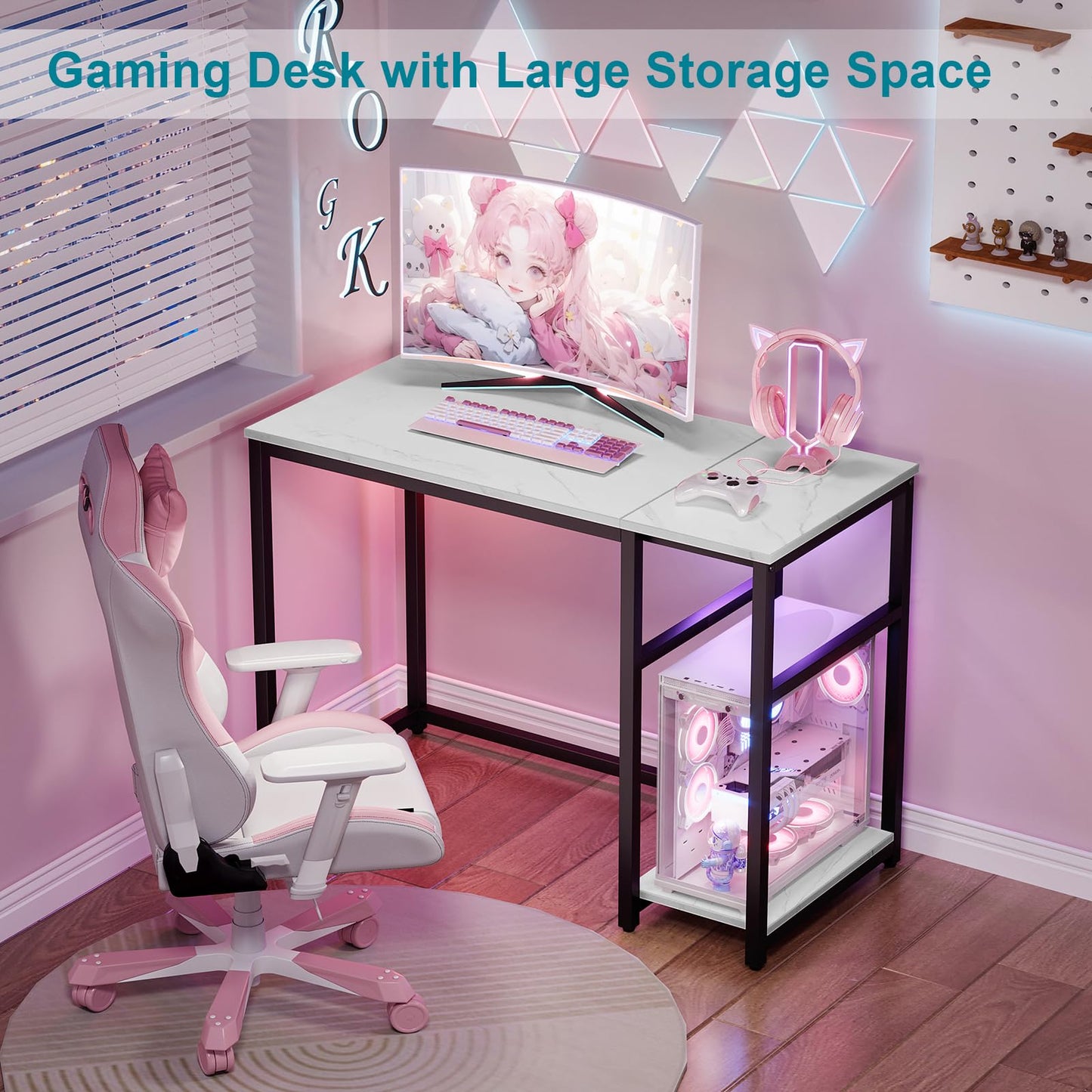 SINPAID Computer Desk 40 inches with 2-Tier Shelves Sturdy Home Office Desks with Large Storage Space Modern Gaming Desk Study Writing Laptop Table, Black Marbling (White Marble, 40 inch)
