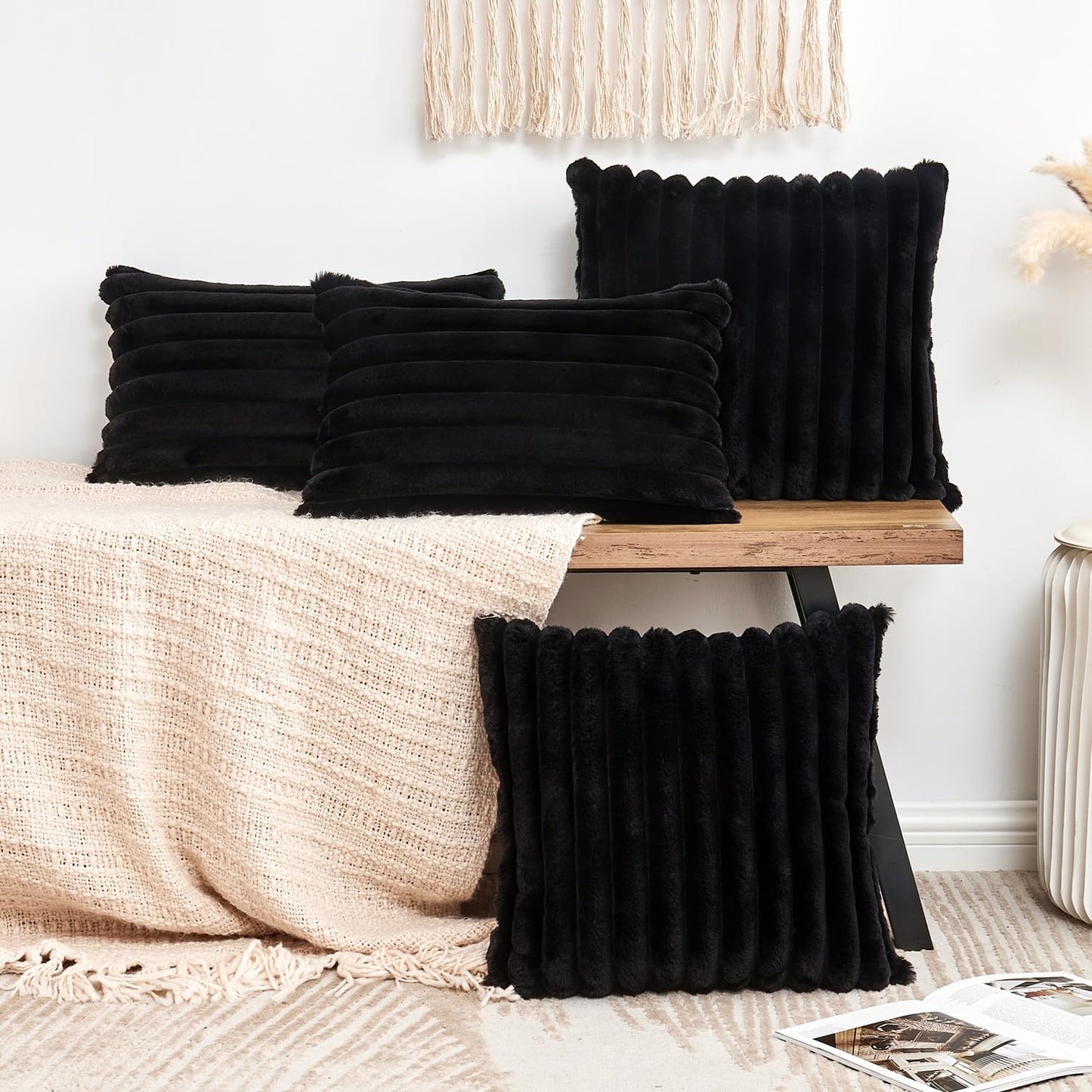 GriNeed Throw Pillow Covers Decorative Faux Fur Set of 2 18x18 Inch Pillow Covers, Soft Black Striped Pillowcases for Couch Sofa Bed Living Room, Fluffy Cute Home Boho Accent Fuzzy Decor