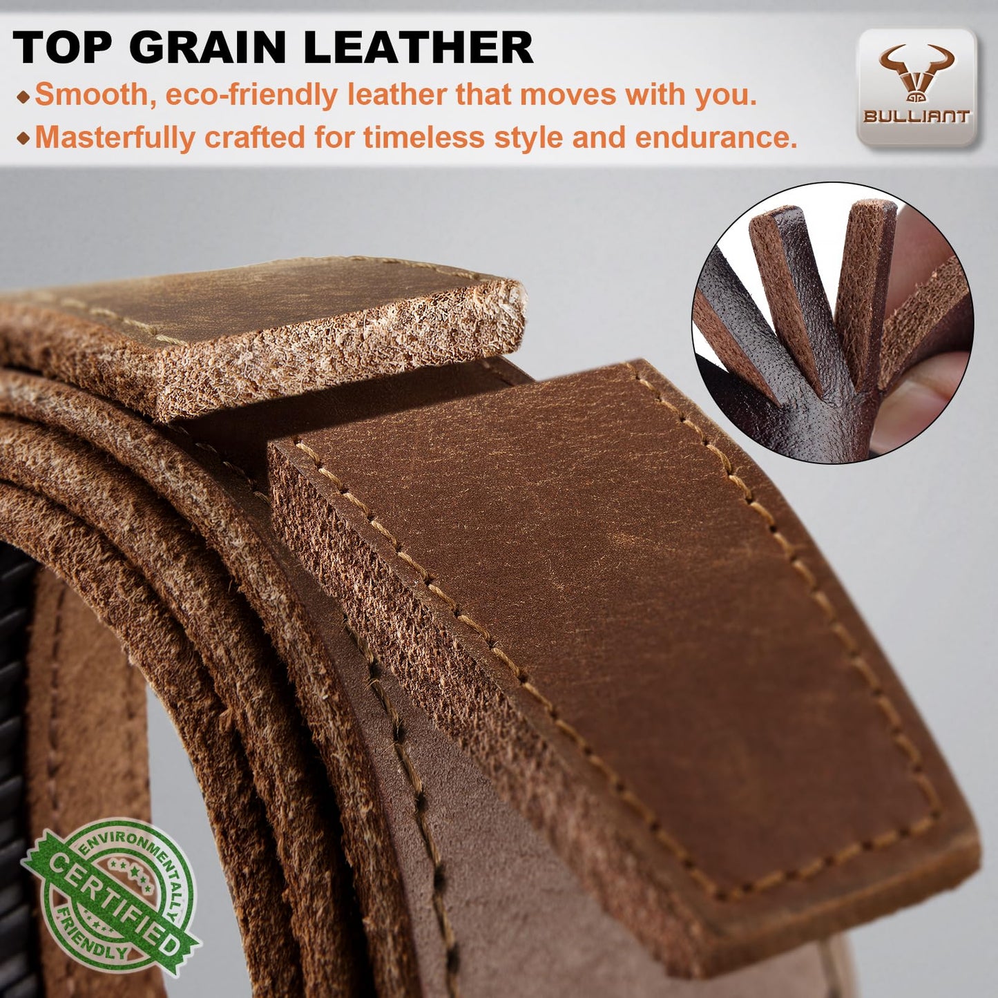BULLIANT Men Ratchet Belt,Full Grain Leather Adjustable Belt Gift For Men Dress Casual Jeans-Cut For Fit(Pecan Pie,32"-38" Waist Adjustable)